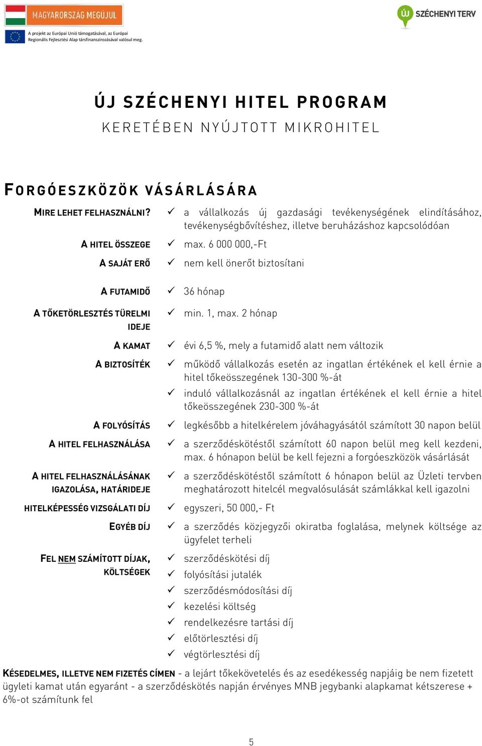 6 000 000,-Ft nem kell önerőt biztosítani A FUTAMIDŐ A TŐKETÖRLESZTÉS TÜRELMI IDEJE A KAMAT A BIZTOSÍTÉK A FOLYÓSÍTÁS A HITEL FELHASZNÁLÁSA A HITEL FELHASZNÁLÁSÁNAK IGAZOLÁSA, HATÁRIDEJE