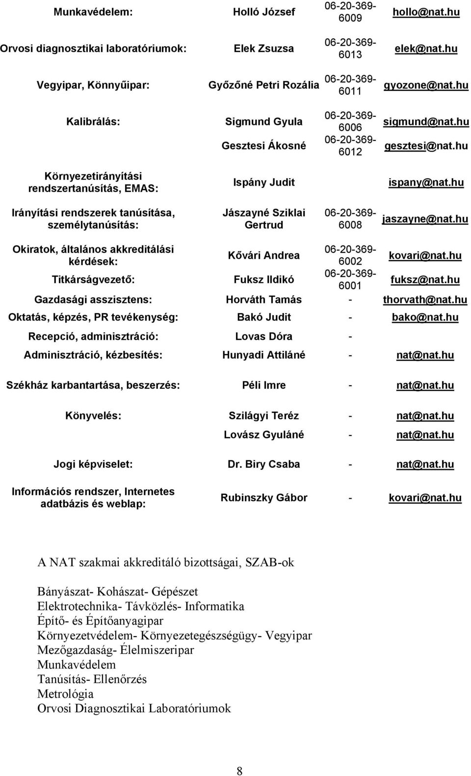 hu Irányítási rendszerek tanúsítása, személytanúsítás: Jászayné Sziklai Gertrud 6008 jaszayne@nat.hu Okiratok, általános akkreditálási Kővári Andrea kérdések: 6002 kovari@nat.