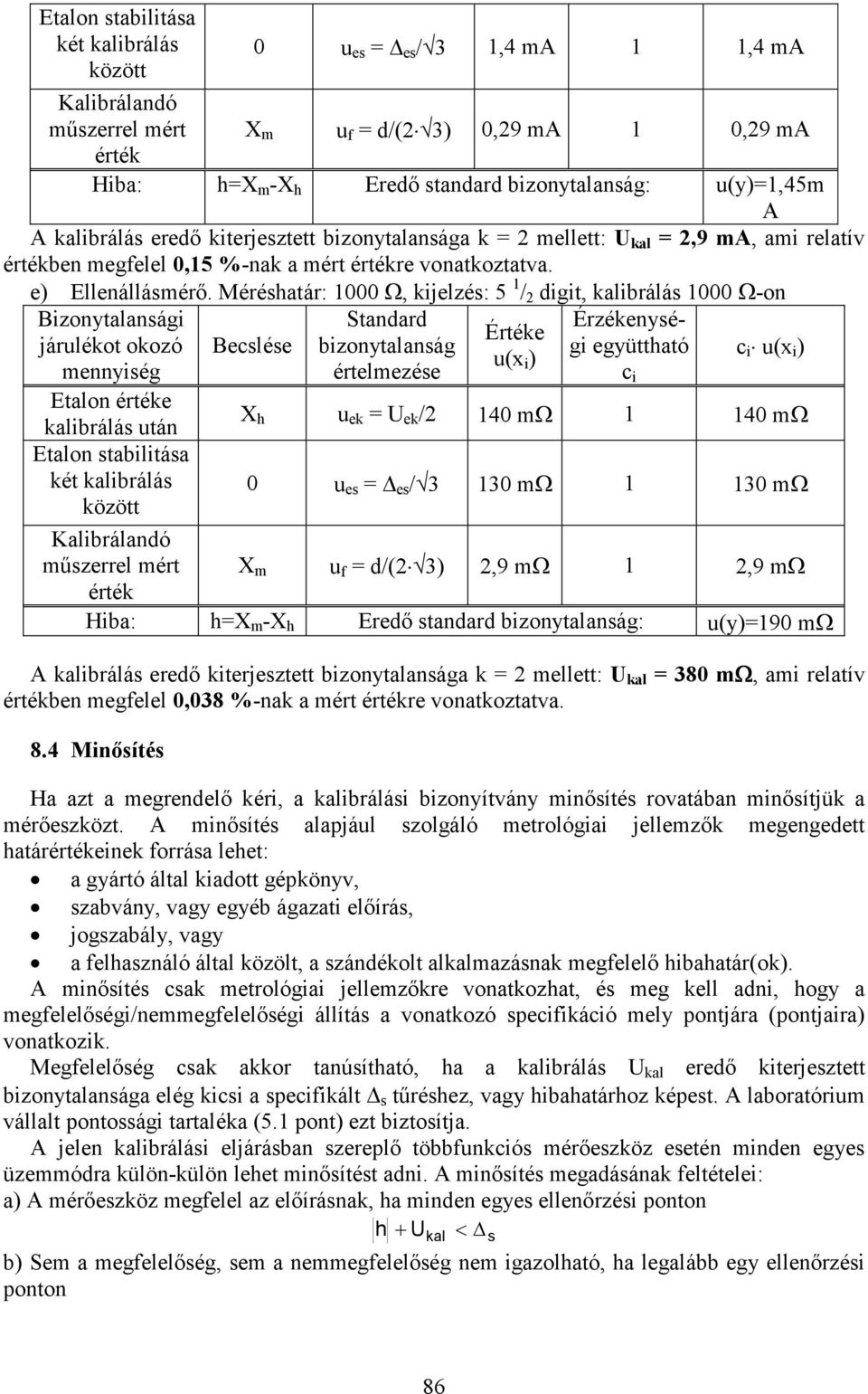 Méréshatár: 1000 Ω, kijelzés: 5 1 / 2 digit, kalibrálás 1000 Ω-on Bizonytalansági Standard Érzékenységi együttható Értéke járulékot okozó Becslése bizonytalanság u(x mennyiség értelmezése i ) c i c i