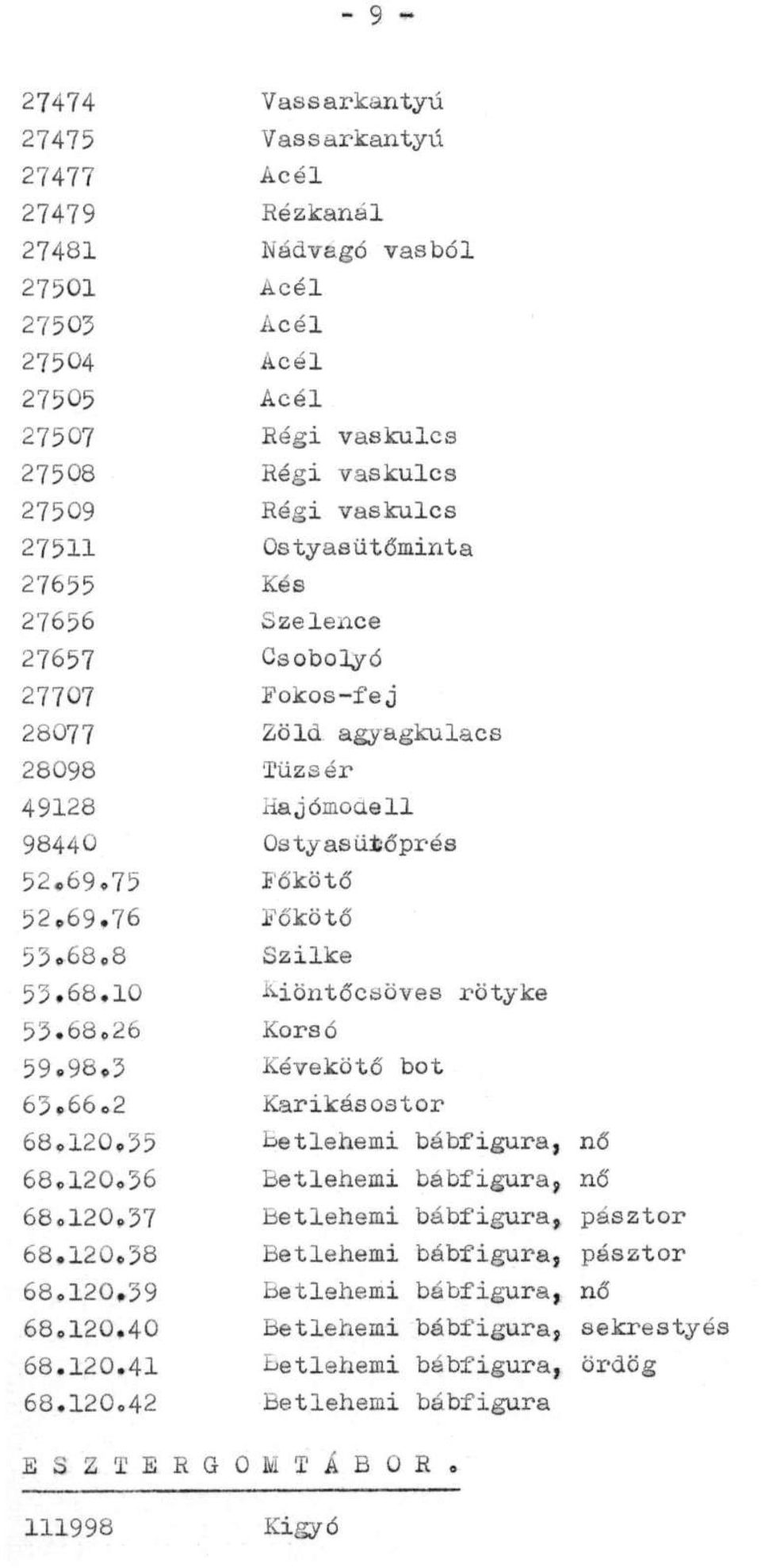 8 Szilke 53.68.10 Kiöntőcsöves rötyke 53.68.26 Korsó 59.98.3 Kévekötő bot 63.66.2 Karikásostor 68.120.35 betlehemi bábfigura, nő 68.120.36 Betlehemi bábfigura, nő 68.120.37 Betlehemi bábfigura, pásztor 68.