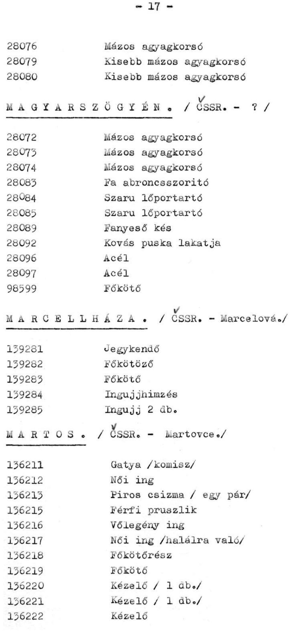 lakatja 28096 Acél 28097 Acél 98599 M A R C E L L H Á Z A. / CSSR. - Marcelová./ 139231 Jegykendő 139282 Főkötöző 139283 139284 Ingujjhímzés 139285 Ingujj 2 db. M A R T O S.