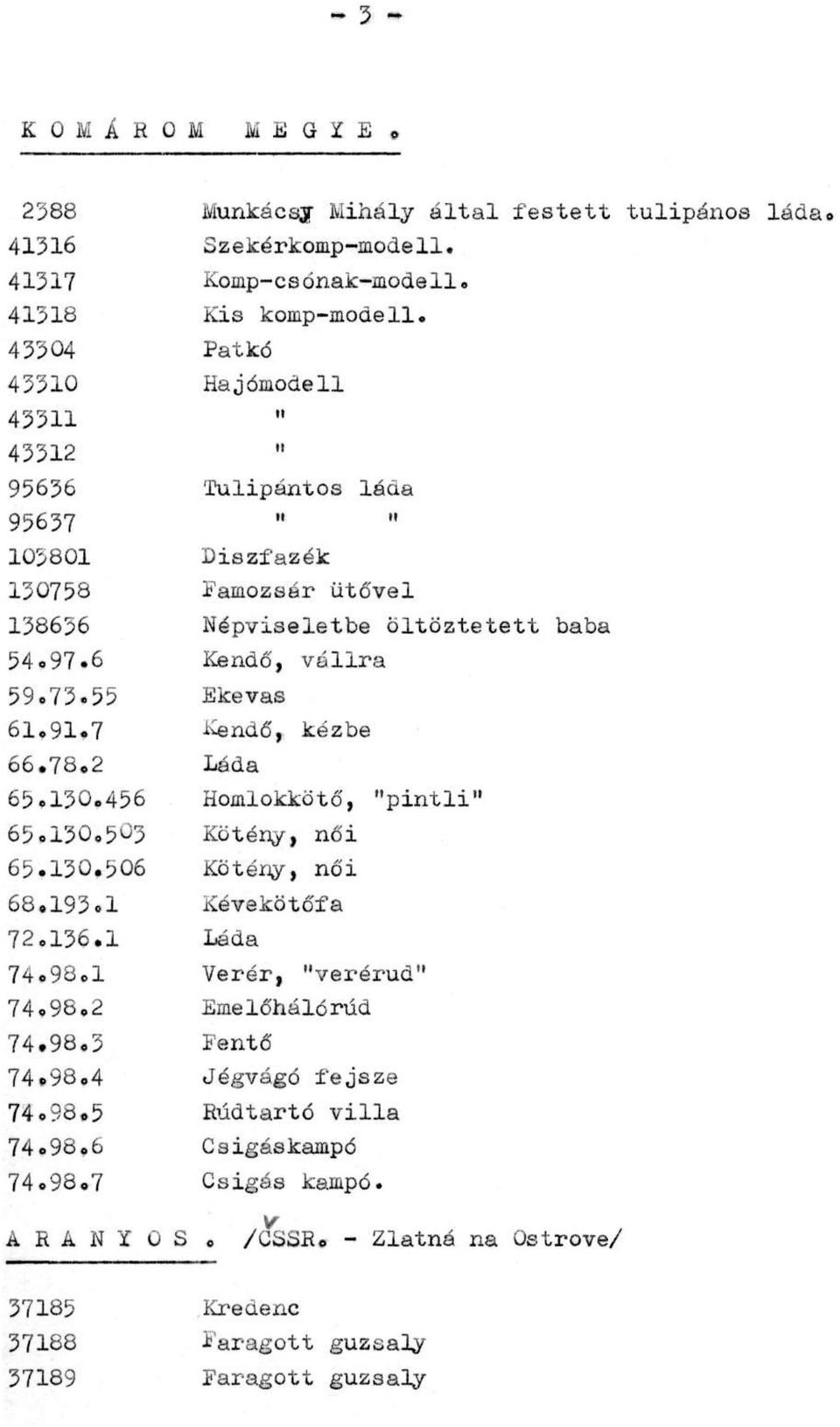 55 Ekevas 61.91.7 Kendő, kézbe 66.78.2 Léda 65.130.456 Homlokkötő, "pintli" 65.130.503 Kötény, női 65.130.506 Kötény, női 68.193.1 Kévekötőfa 72.136.1 Láda 74.98.1 Verér, "verérud" 74.
