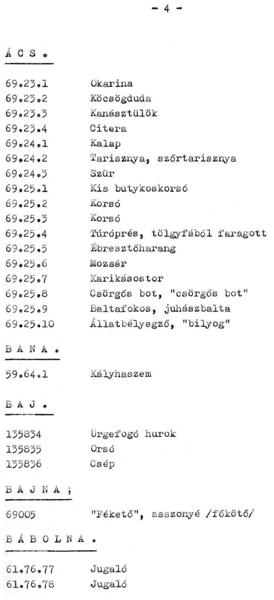 Ébresztőharang Mozsár Karikásostor Csörgős bot, "csörgős bot" Baltafokos, juhászbalta Állatbélyegző, "bilyog" B A N A. 59.64.