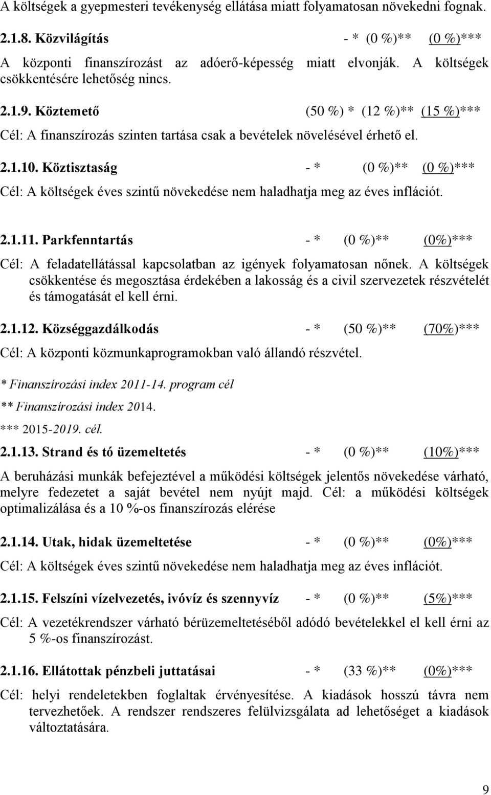 Köztisztaság - * (0 %)** (0 %)*** Cél: A költségek éves szintű növekedése nem haladhatja meg az éves inflációt. 2.1.11.