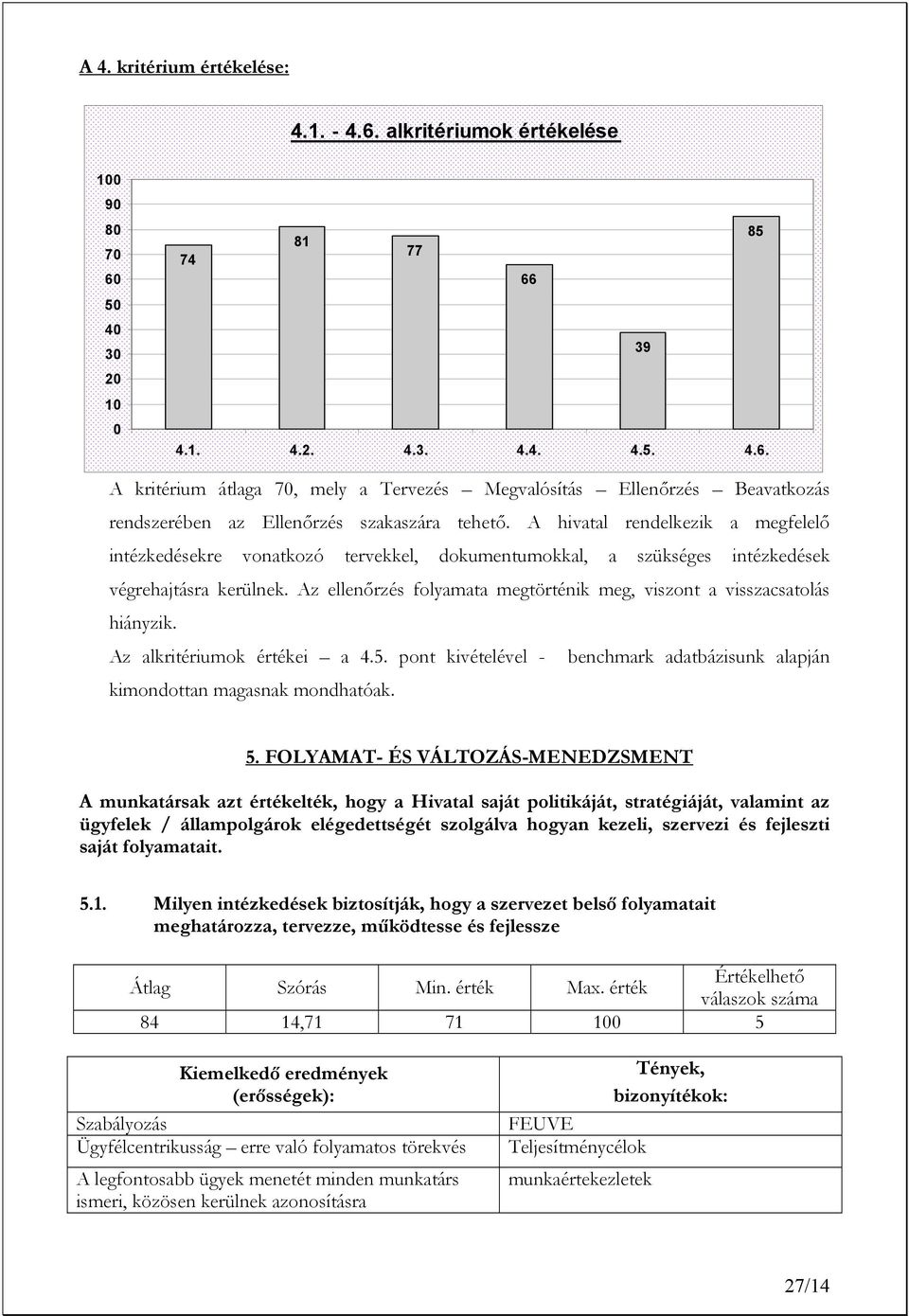 Az ellenőrzés folyamata megtörténik meg, viszont a visszacsatolás hiányzik. Az alkritériumok értékei a 4.5. pont kivételével - benchmark adatbázisunk alapján kimondottan magasnak mondhatóak. 5.