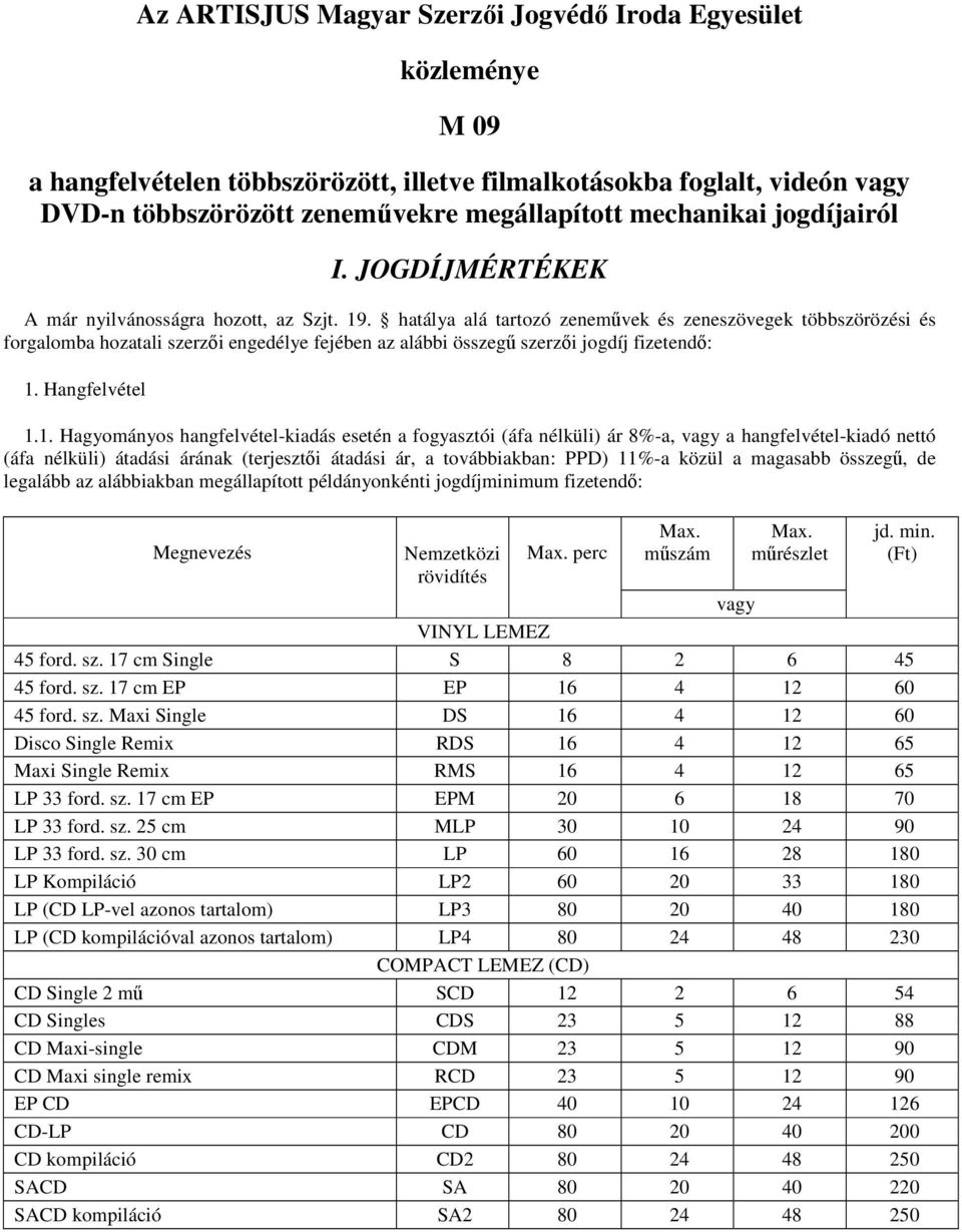 hatálya alá tartozó zenemővek és zeneszövegek többszörözési és forgalomba hozatali szerzıi engedélye fejében az alábbi összegő szerzıi jogdíj fizetendı: 1.