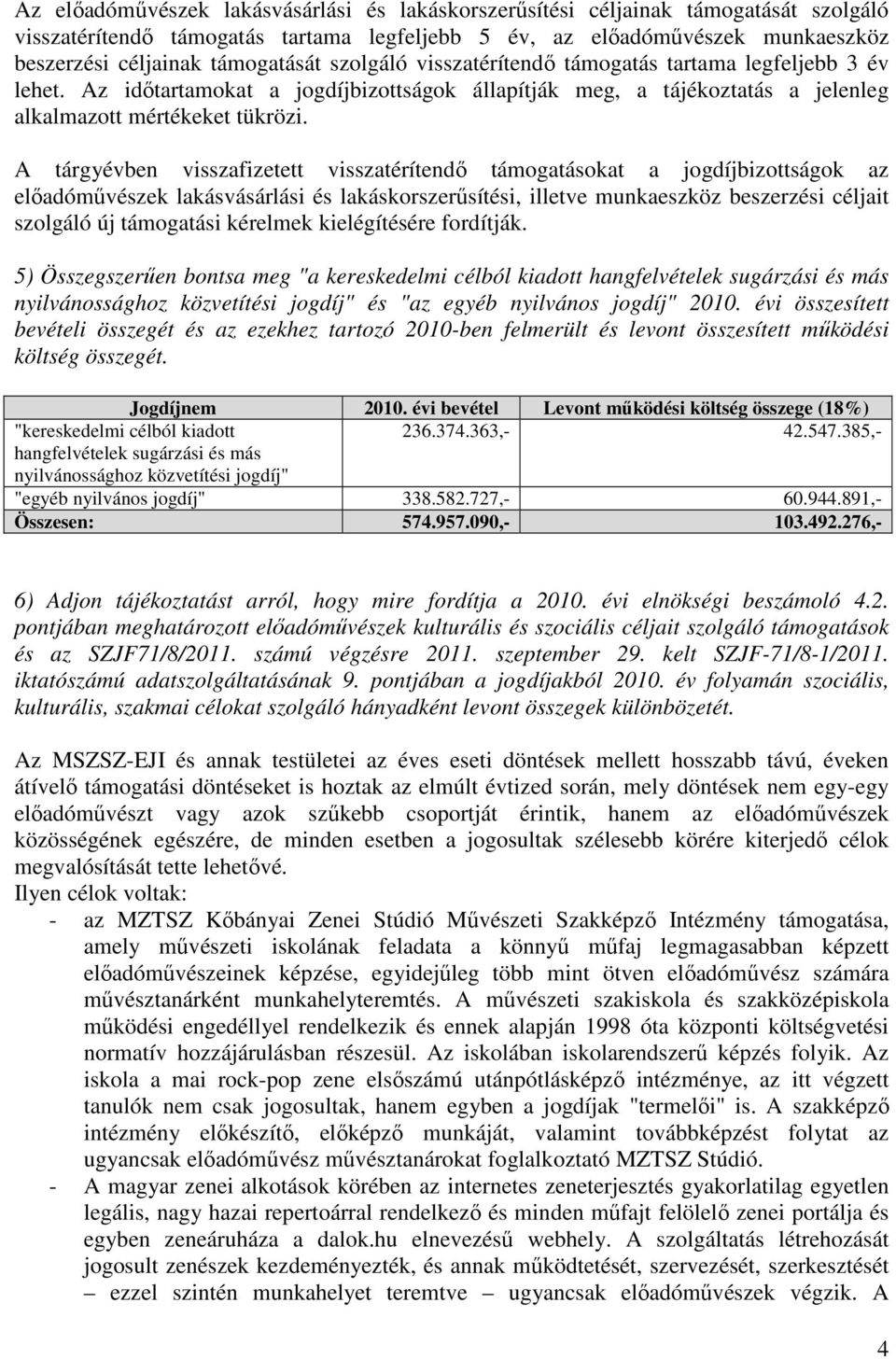 A tárgyévben visszafizetett visszatérítendő támogatásokat a jogdíjbizottságok az előadóművészek lakásvásárlási és lakáskorszerűsítési, illetve munkaeszköz beszerzési céljait szolgáló új támogatási