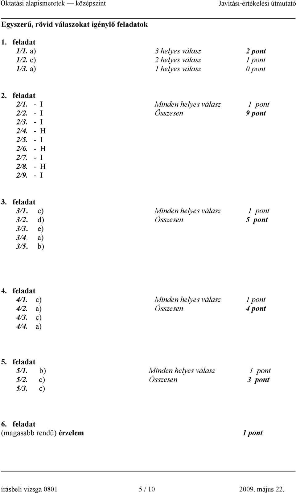 - I 2/6. - H 2/7. - I 2/8. - H 2/9. - I 9 pont 3. feladat 3/1. c) 3/2. d) 3/3. e) 3/4. a) 3/5. b) 5 pont 4.