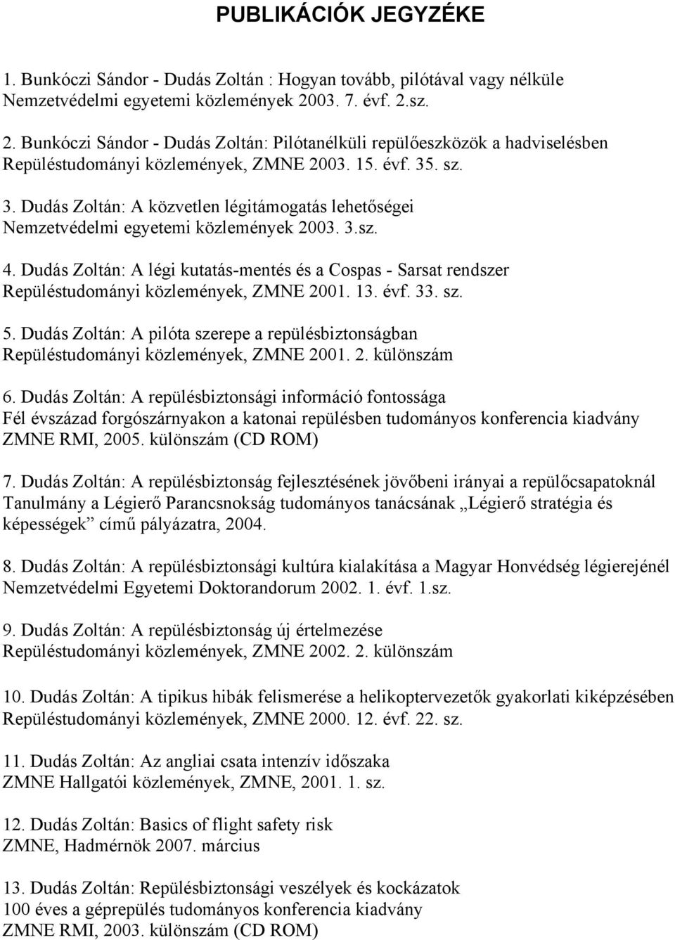 . sz. 3. Dudás Zoltán: A közvetlen légitámogatás lehetőségei Nemzetvédelmi egyetemi közlemények 2003. 3.sz. 4.