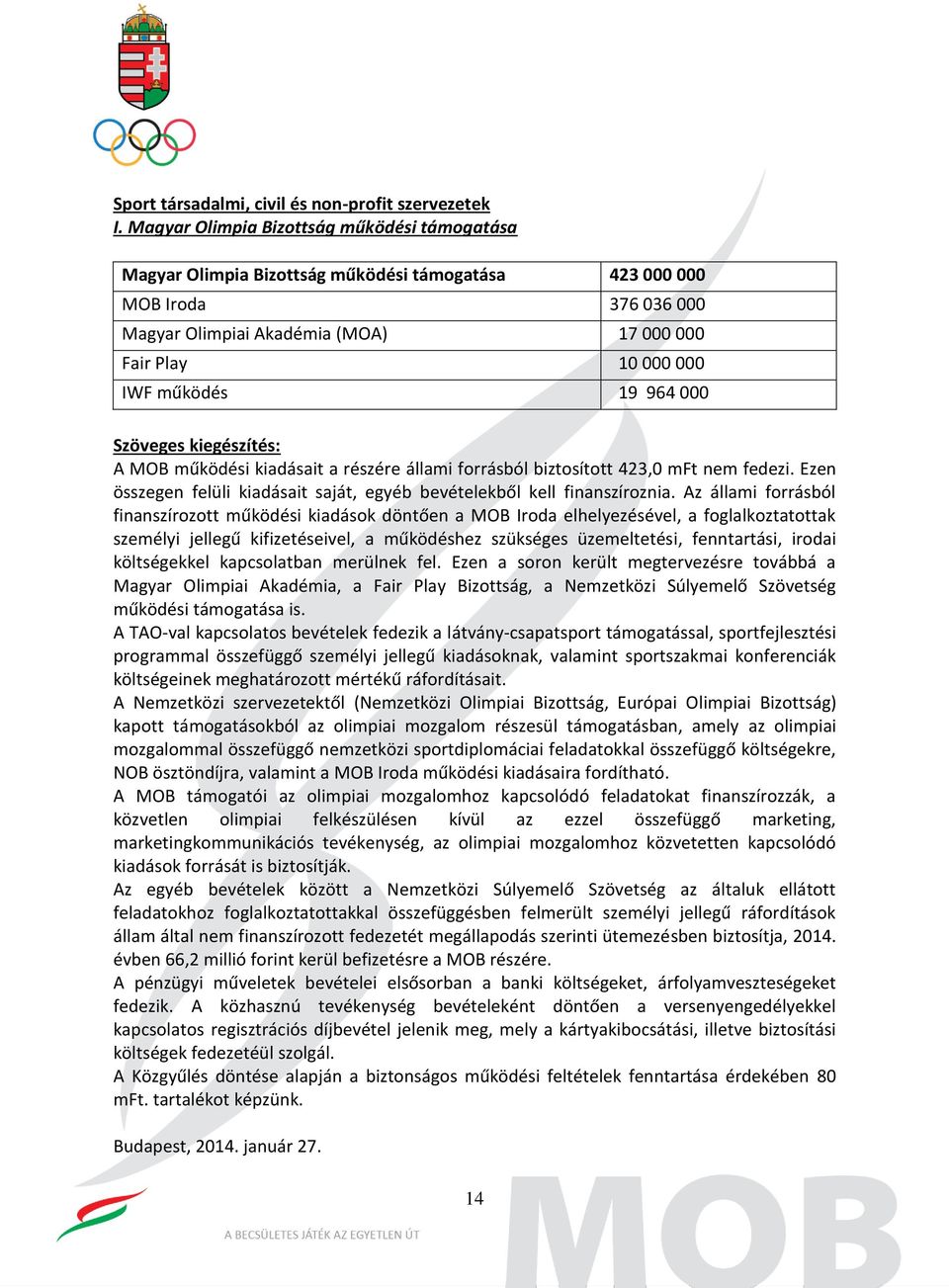 19 964 000 A MOB működési kiadásait a részére állami forrásból biztosított 423,0 mft nem fedezi. Ezen összegen felüli kiadásait saját, egyéb bevételekből kell finanszíroznia.