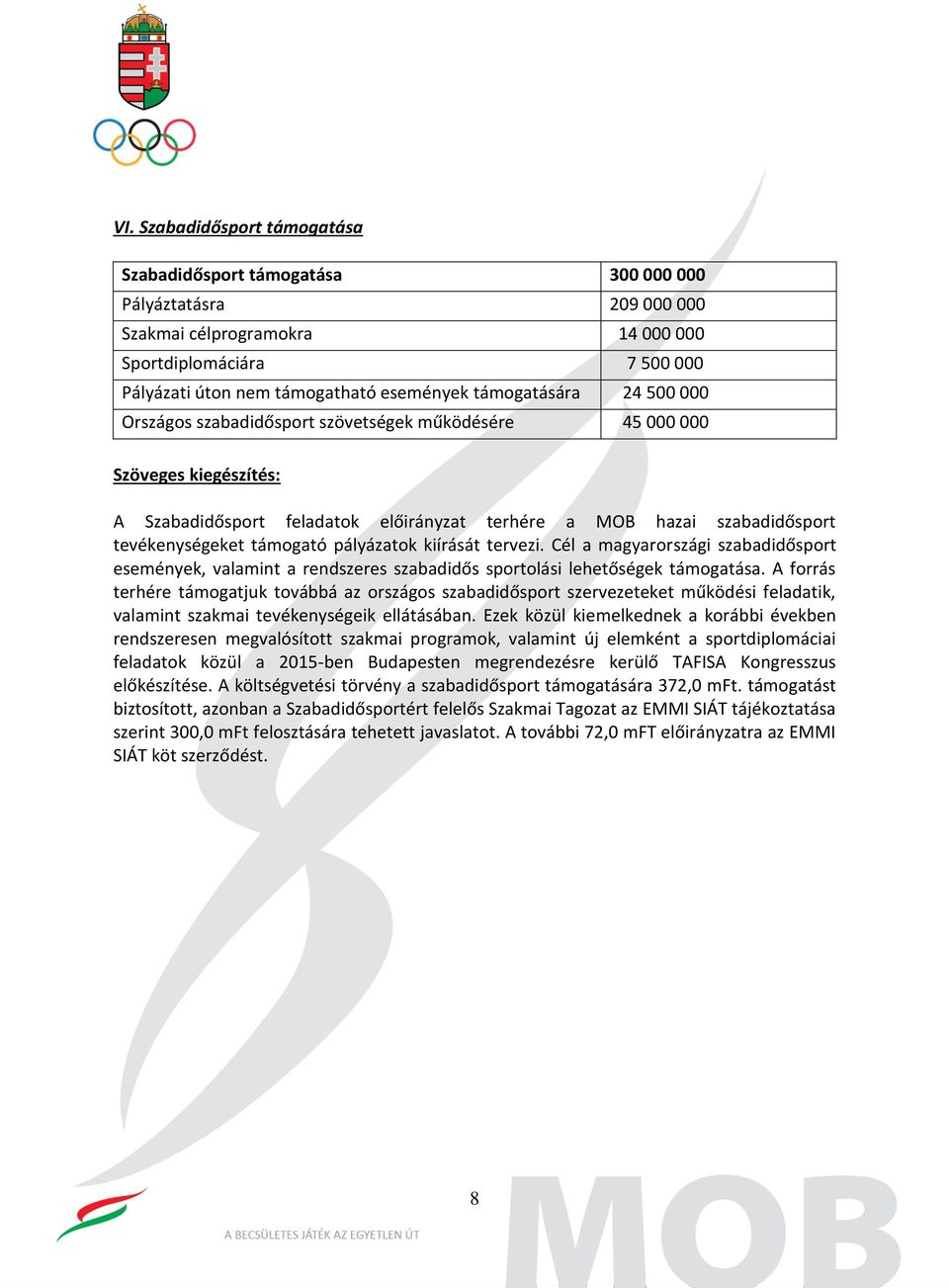 kiírását tervezi. Cél a magyarországi szabadidősport események, valamint a rendszeres szabadidős sportolási lehetőségek támogatása.