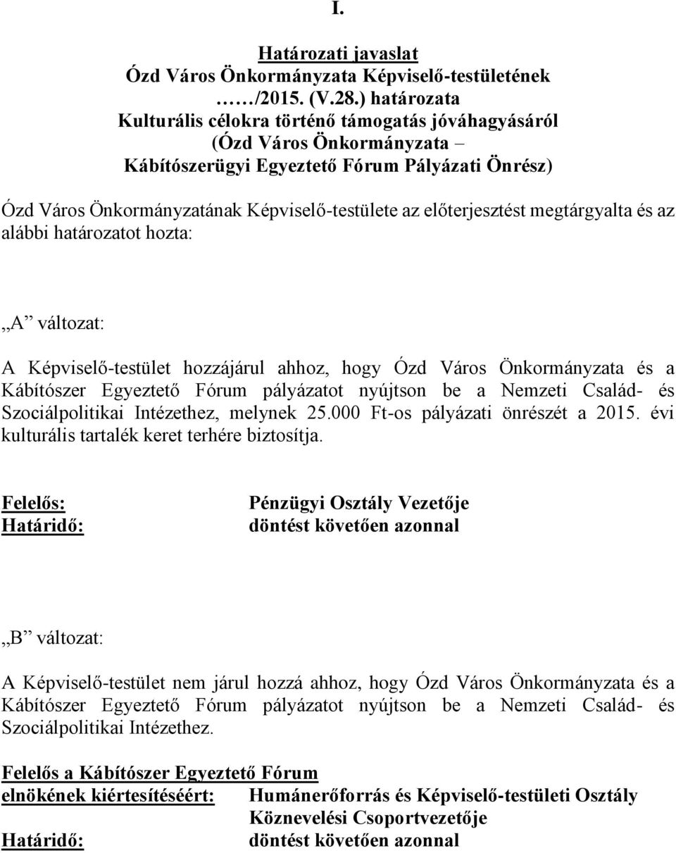 előterjesztést megtárgyalta és az alábbi határozatot hozta: A változat: A Képviselő-testület hozzájárul ahhoz, hogy Ózd Város Önkormányzata és a Kábítószer Egyeztető Fórum pályázatot nyújtson be a