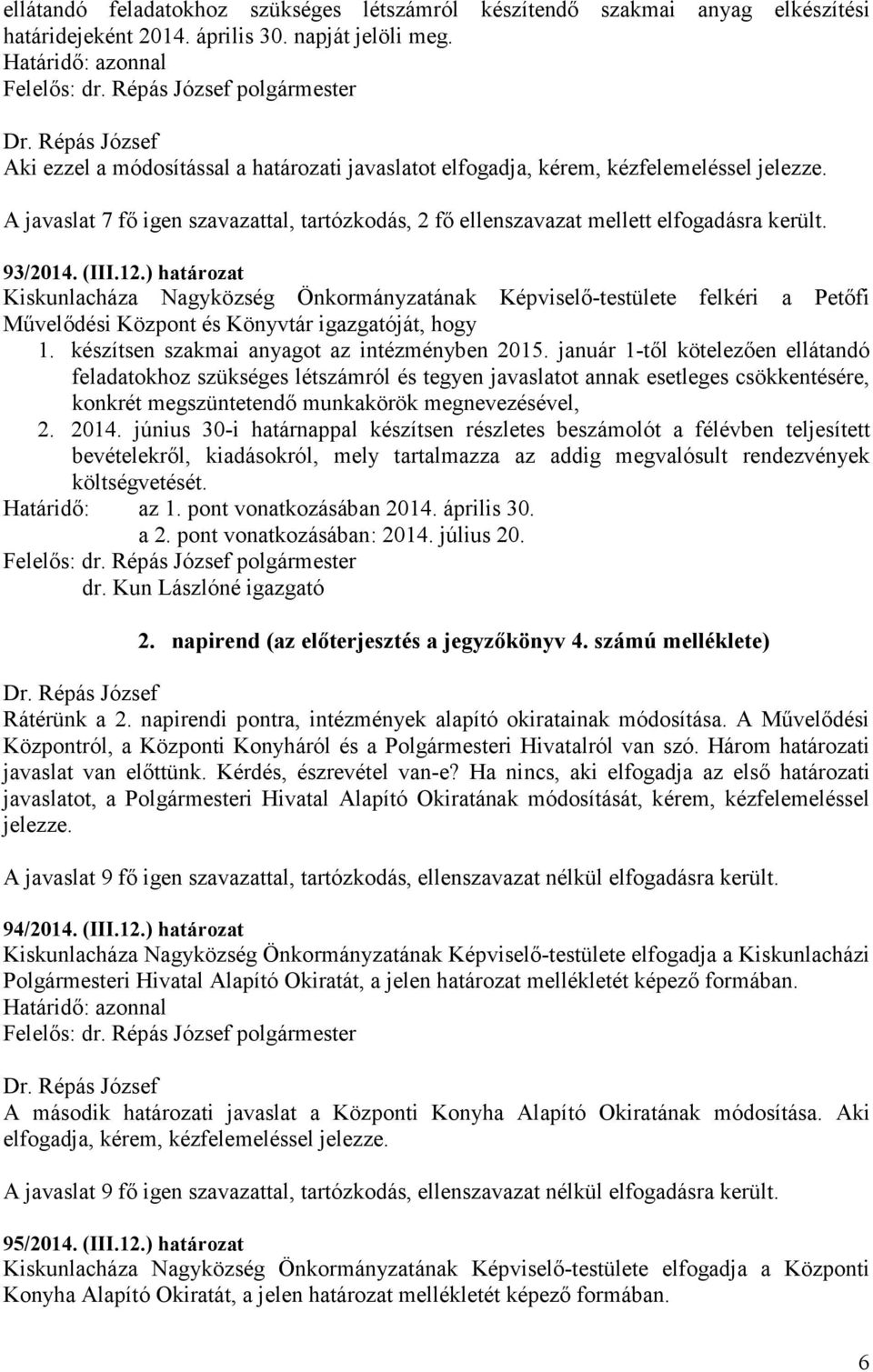 ) határozat Kiskunlacháza Nagyközség Önkormányzatának Képviselő-testülete felkéri a Petőfi Művelődési Központ és Könyvtár igazgatóját, hogy 1. készítsen szakmai anyagot az intézményben 2015.