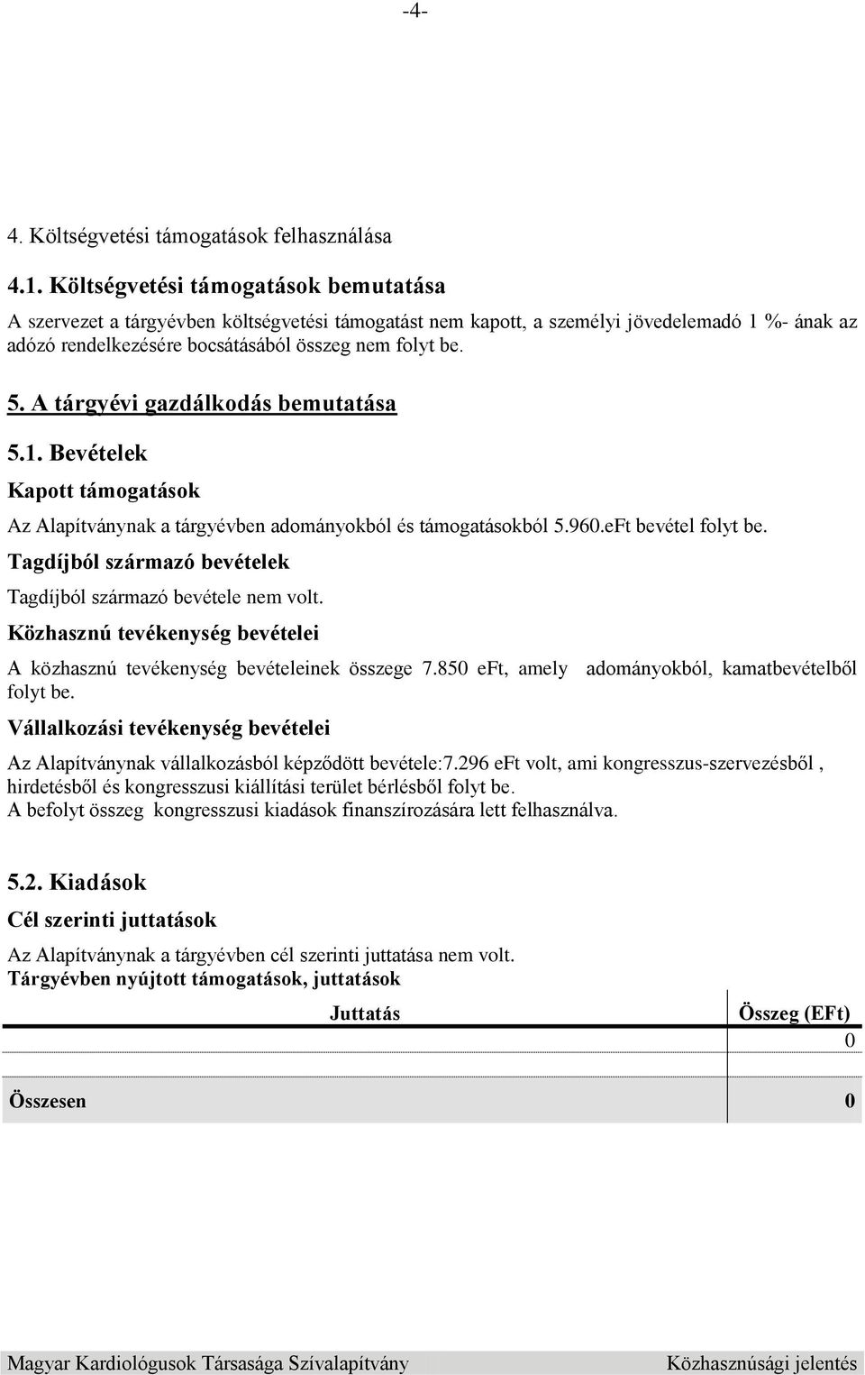 A tárgyévi gazdálkodás bemutatása 5.1. Bevételek Kapott támogatások Az Alapítványnak a tárgyévben adományokból és támogatásokból 5.960.eFt bevétel folyt be.