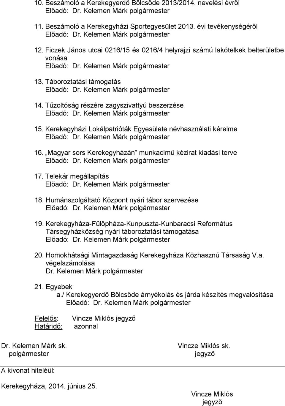 Kerekegyházi Lokálpatrióták Egyesülete névhasználati kérelme 16. Magyar sors Kerekegyházán munkacímű kézirat kiadási terve 17. Telekár megállapítás 18.