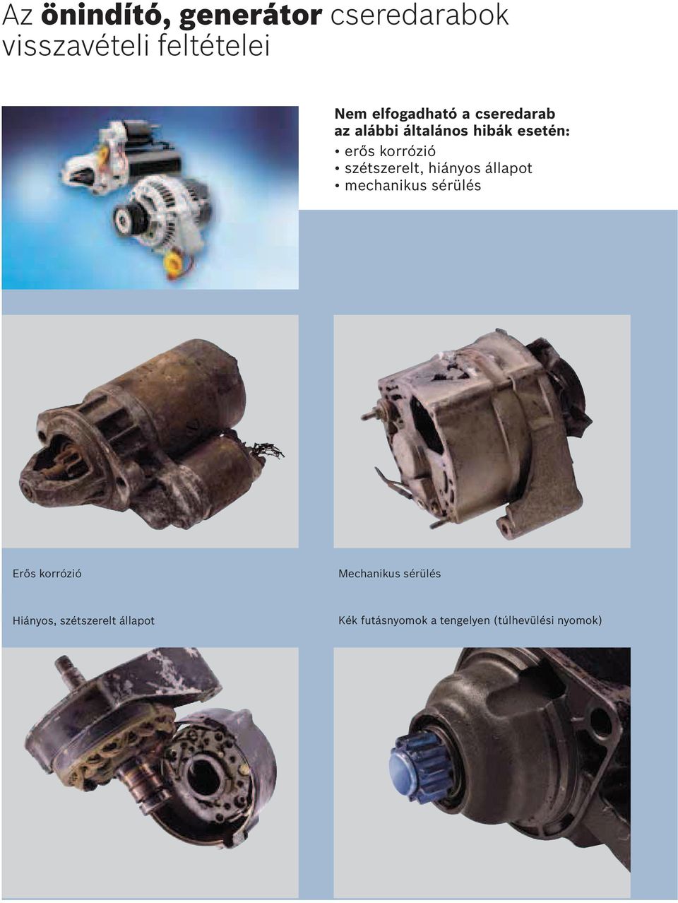 szétszerelt, hiányos állapot mechanikus sérülés Erős korrózió Mechanikus