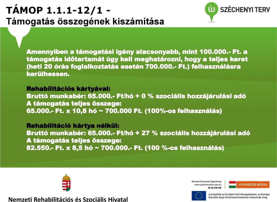 Rehabilitációs kártyával: Bruttó munkabér: 65.000.- Ft/hó + 0 % szociális hozzájárulási adó A támogatás teljes összege: 65.000.- Ft. x 10,8 hó ~ 700.000 Ft.