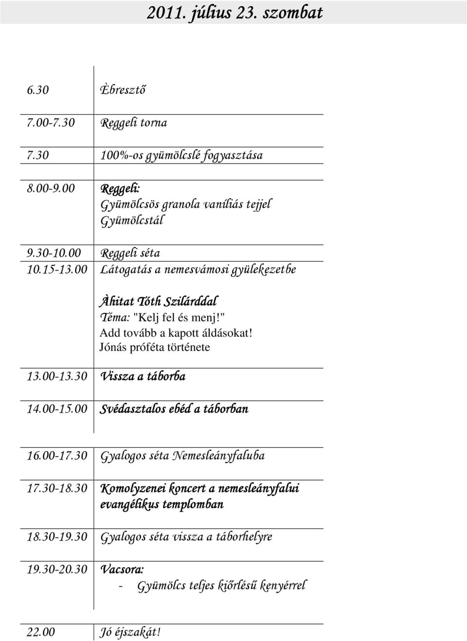 Jónás próféta története 13.00-13.30 Vissza a táborba 14.00-15.00 Svédasztalos ebéd a táborban 16.00-17.