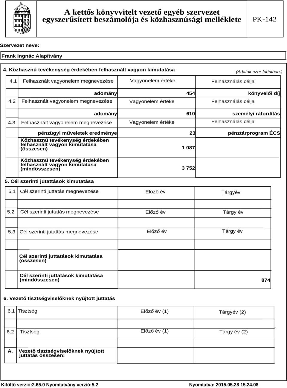 3 Felhasznált vagyonelem megnevezése Vagyonelem értéke Felhasználás célja Közhasznú tevékenység érdekében felhasznált vagyon kimutatása (összesen) adomány 454 könyvelői díj adomány 610 személyi