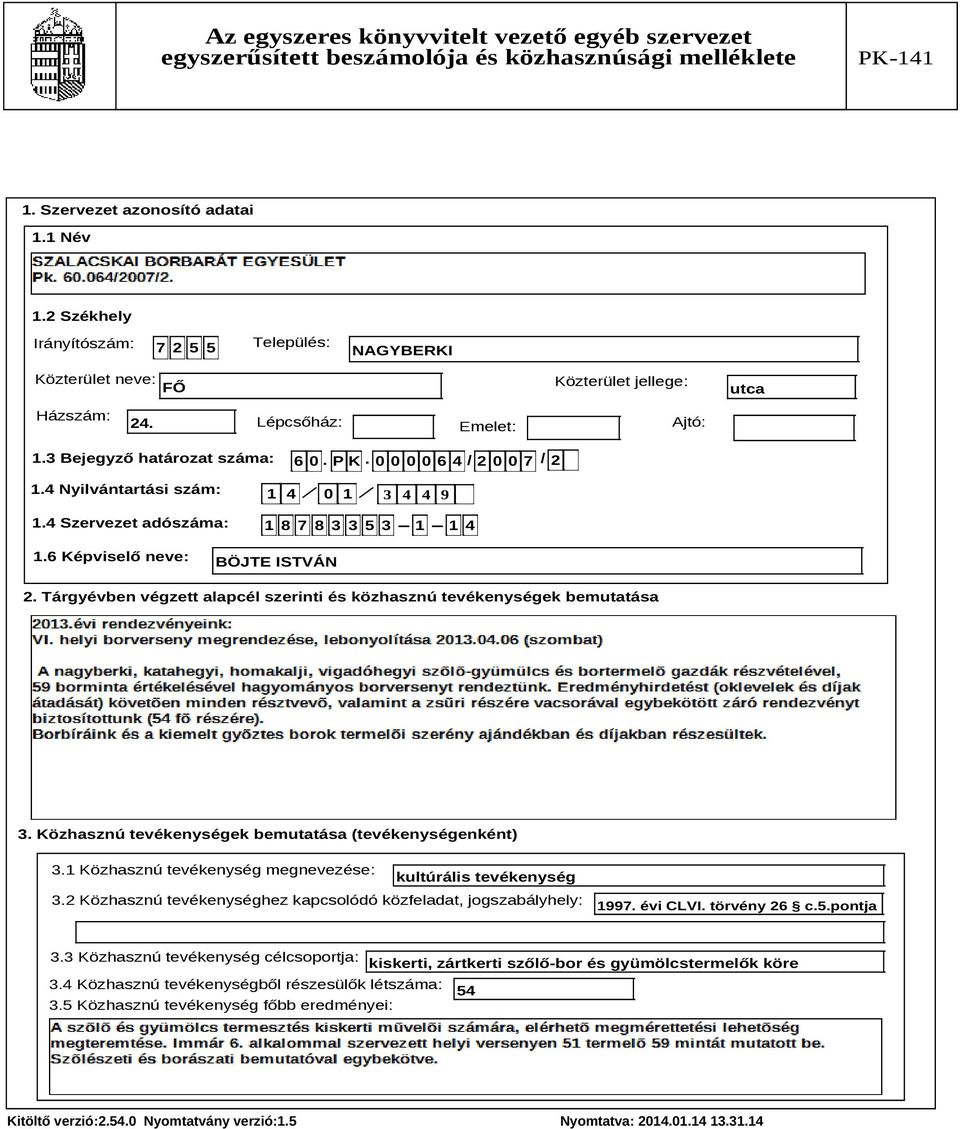 Közhasznú tevékenységek bemutatása (tevékenységenként) 3.1 Közhasznú tevékenység megnevezése: kultúrális tevékenység 3.