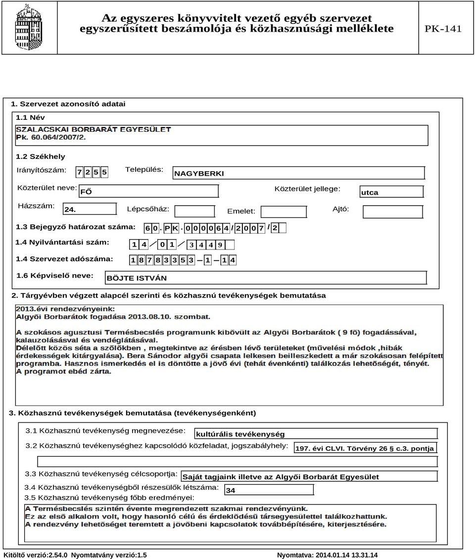 Közhasznú tevékenységek bemutatása (tevékenységenként) 3.1 Közhasznú tevékenység megnevezése: kultúrális tevékenység 3.