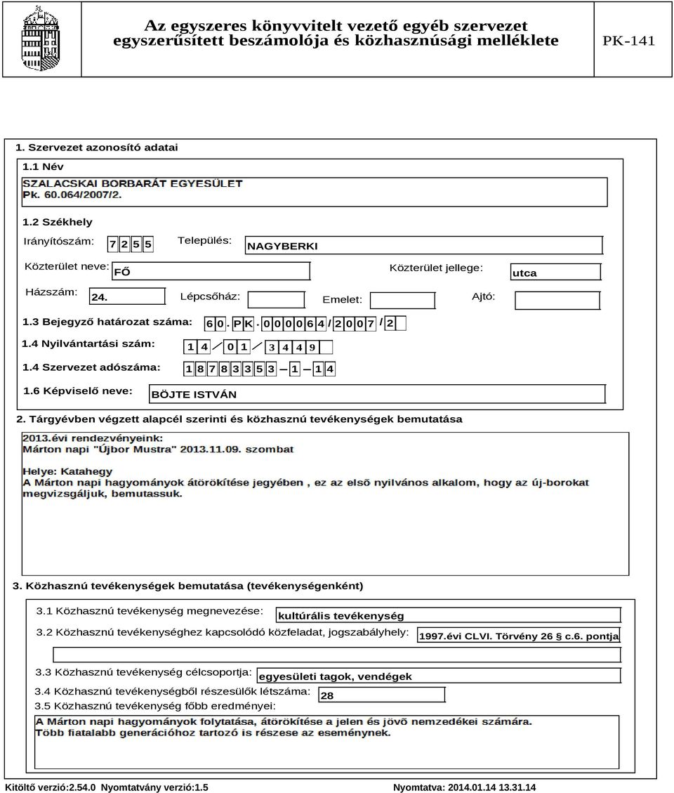 Közhasznú tevékenységek bemutatása (tevékenységenként) 3.1 Közhasznú tevékenység megnevezése: kultúrális tevékenység 3.