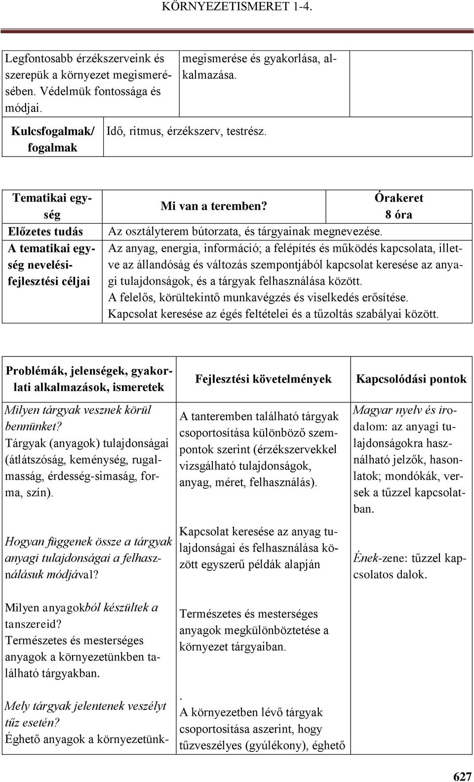 Az anyag, energia, információ; a felépítés és működés kapcsolata, illetve az állandóság és változás szempontjából kapcsolat keresése az anyagi tulajdonságok, és a tárgyak felhasználása között.