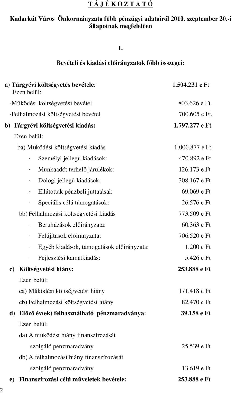 b) Tárgyévi költségvetési kiadás: 1.797.277 e Ft ba) Mőködési költségvetési kiadás 1.000.877 e Ft - Személyi jellegő kiadások: 470.892 e Ft - Munkaadót terhelı járulékok: 126.