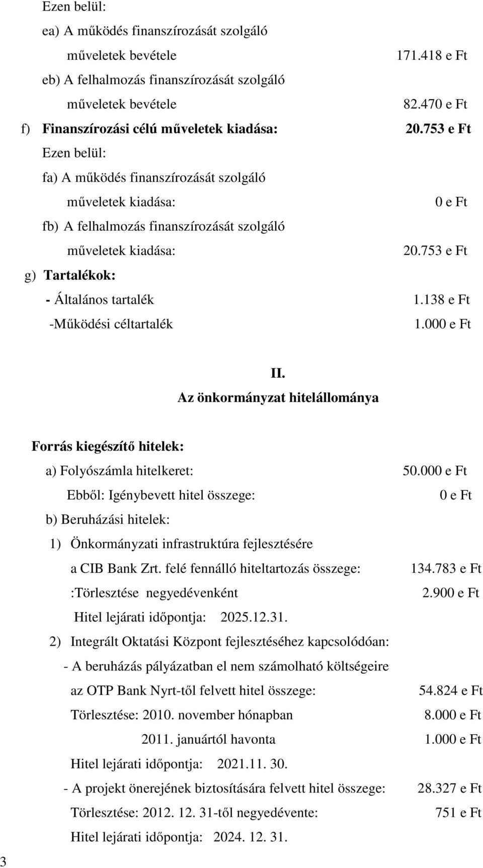 138 e Ft -Mőködési céltartalék 1.000 e Ft II. Az önkormányzat hitelállománya 3 Forrás kiegészítı hitelek: a) Folyószámla hitelkeret: 50.