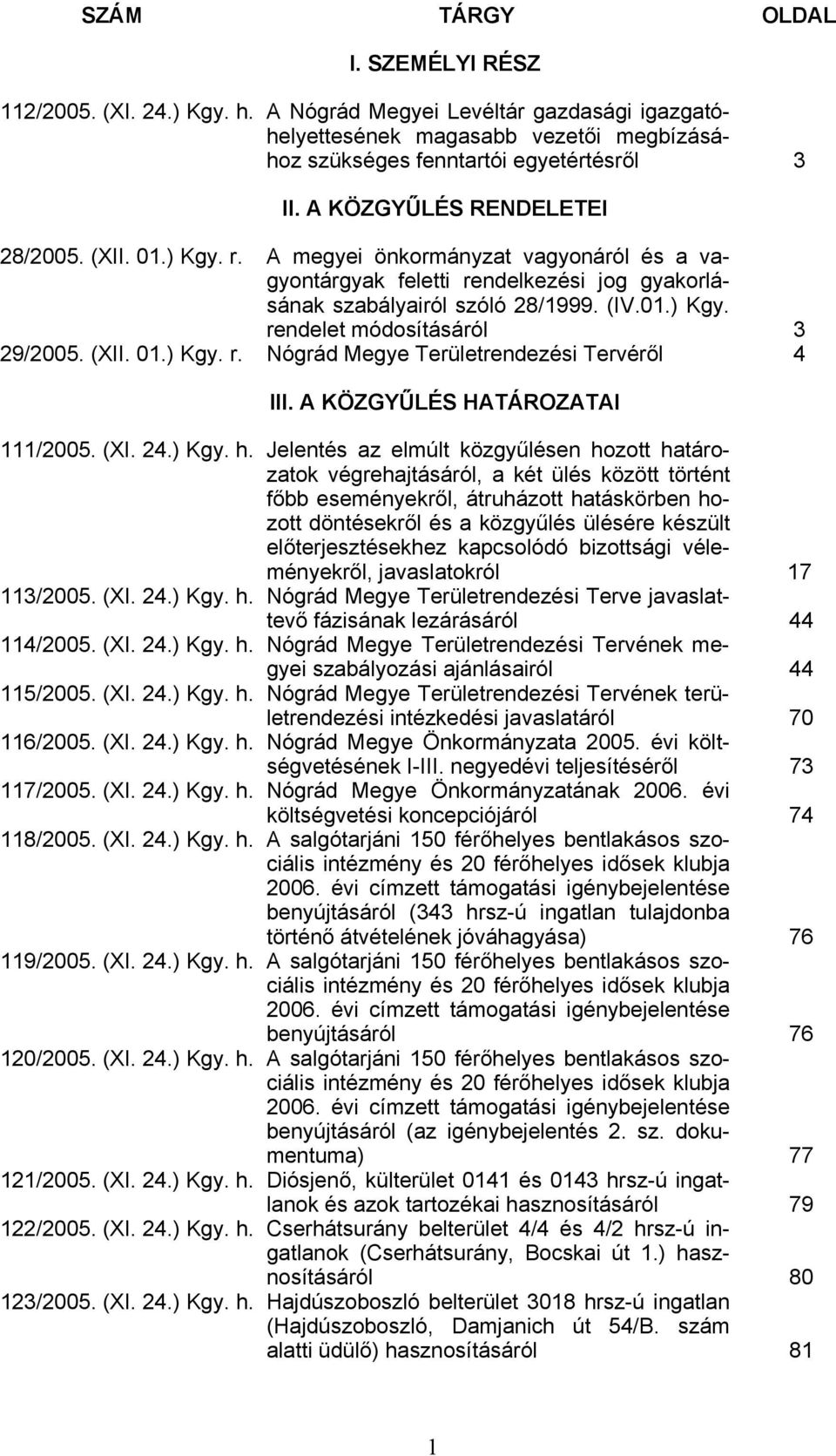 (XII. 01.) Kgy. r. Nógrád Mgy Trültrndzési Trvéről 4 III. A KÖZGYŰLÉS HATÁROZATAI 111/2005. (XI. 24.) Kgy. h.