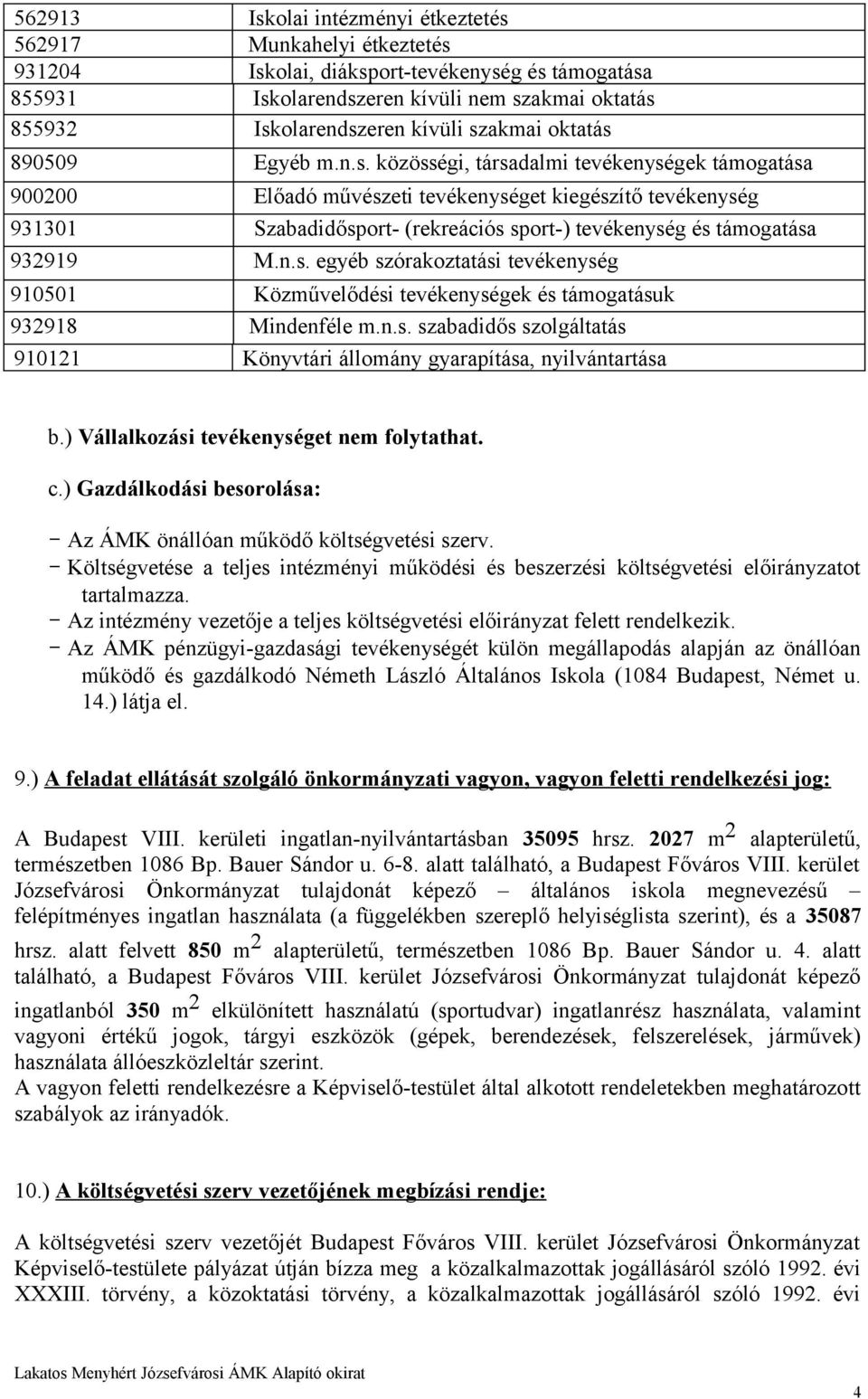 n.s. egyéb szórakoztatási tevékenység 910501 Közművelődési tevékenységek és támogatásuk 932918 Mindenféle m.n.s. szabadidős szolgáltatás 910121 Könyvtári állomány gyarapítása, nyilvántartása b.