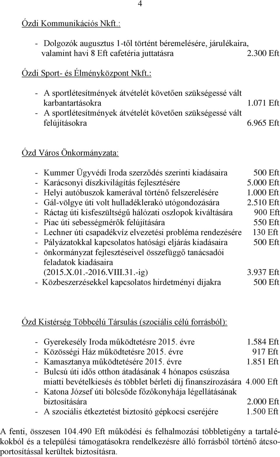 965 Eft Ózd Város Önkormányzata: - Kummer Ügyvédi Iroda szerződés szerinti kiadásaira 500 Eft - Karácsonyi díszkivilágítás fejlesztésére 5.