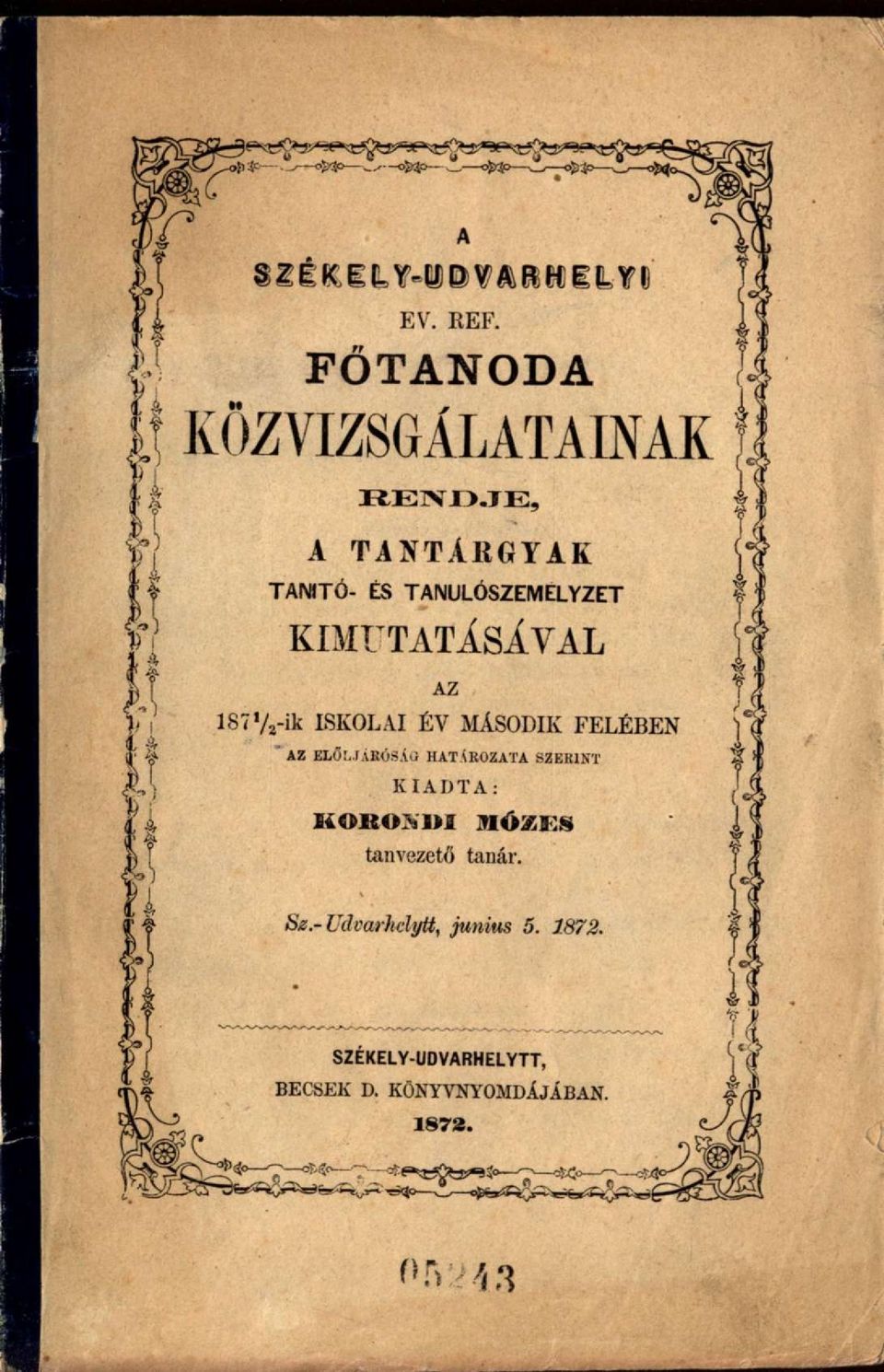 TANULÓSZEMELYZET KIMUTATÁSÁVAL AZ 187V 2 -ik ISKOLAI ÉV MÁSODIK FELÉBEN