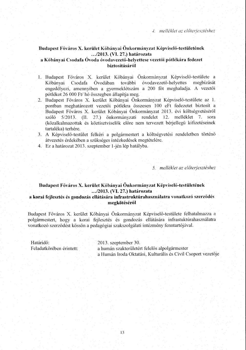 kerüet Kőbányai Önkormányzat Képviseő-testüete a Kőbányai Csodafa Óvodában további óvodavezető-heyettes megbízását engedéyezi, amennyiben a gyermekétszám a 200 főt meghaadja.