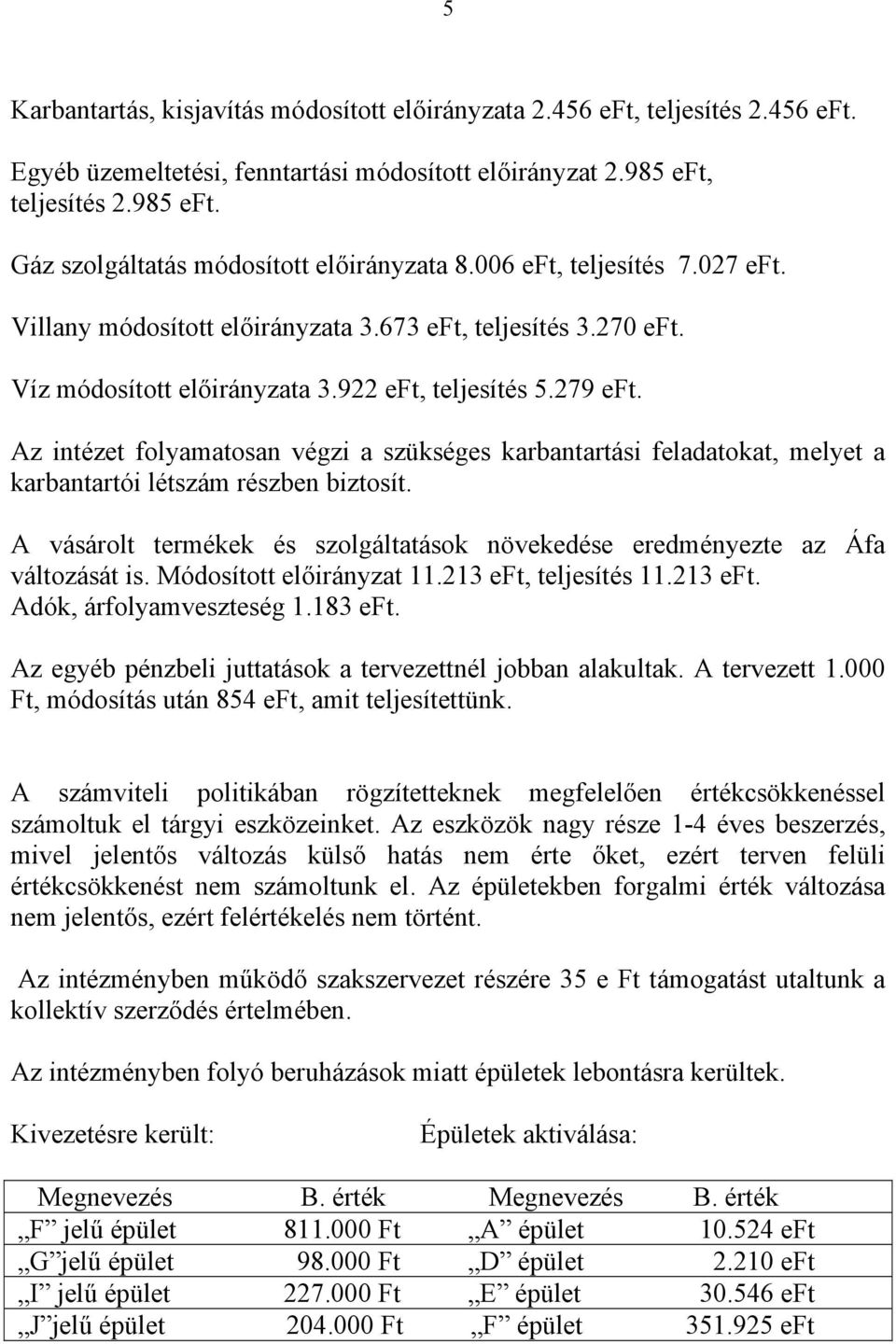 Az intézet folyamatosan végzi a szükséges karbantartási feladatokat, melyet a karbantartói létszám részben biztosít. A vásárolt termékek és szolgáltatások növekedése eredményezte az Áfa változását is.