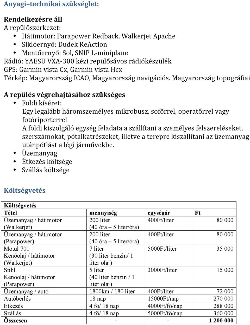 Magyarország topográfiai A repülés végrehajtásához szükséges Földi kíséret: Egy legalább háromszemélyes mikrobusz, sofőrrel, operatőrrel vagy fotóriporterrel A földi kiszolgáló egység feladata a