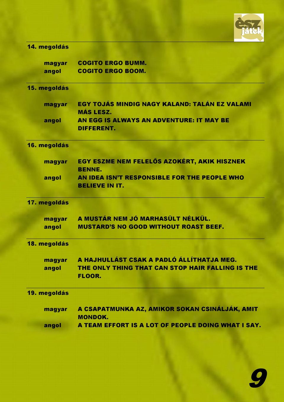 AN IDEA ISN T RESPONSIBLE FOR THE PEOPLE WHO BELIEVE IN IT. 17. megoldás A MUSTÁR NEM JÓ MARHASÜLT NÉLKÜL. MUSTARD S NO GOOD WITHOUT ROAST BEEF. 18.