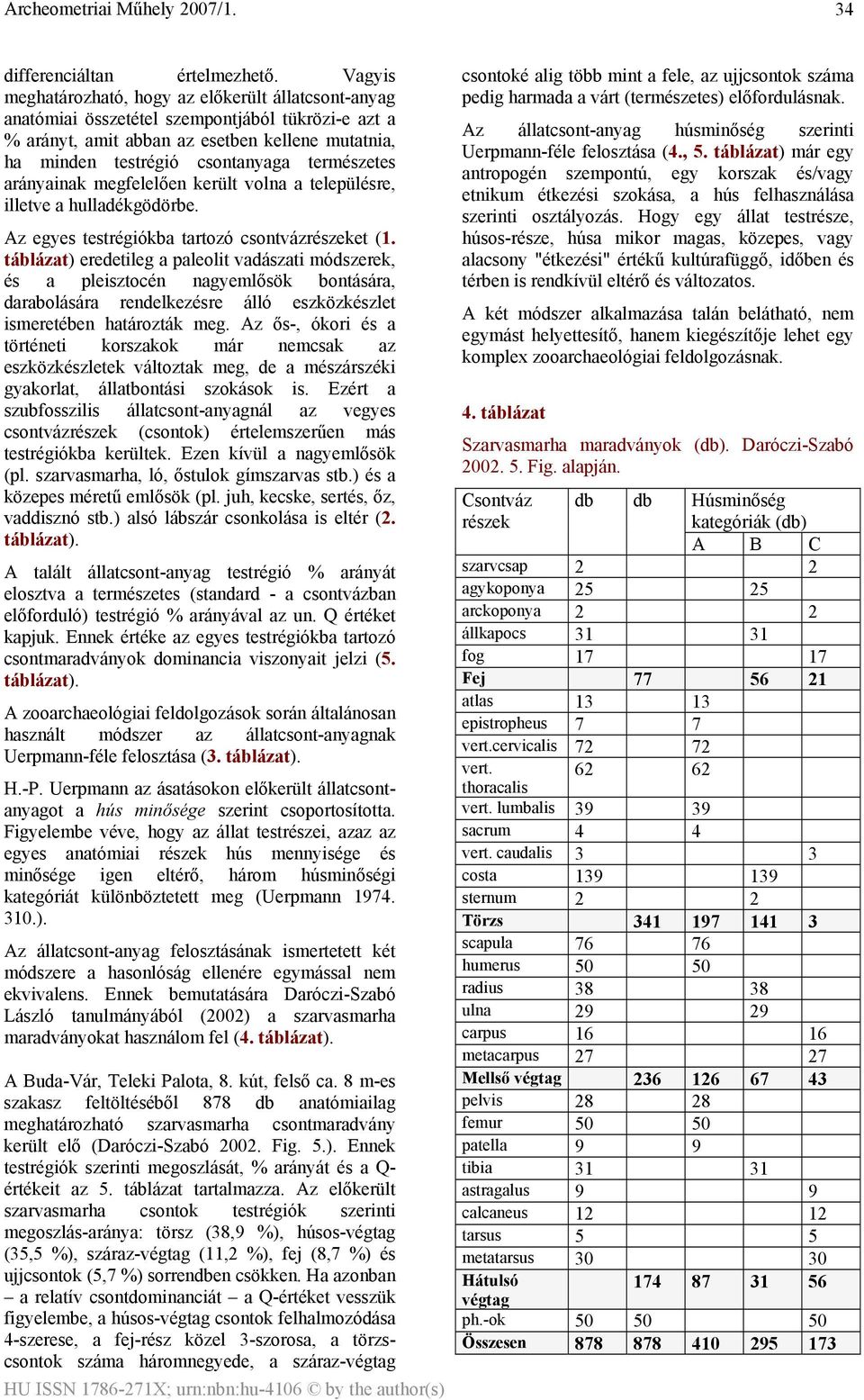 természetes arányainak megfelelően került volna a településre, illetve a hulladékgödörbe. Az egyes testrégiókba tartozó csontvázrészeket (1.