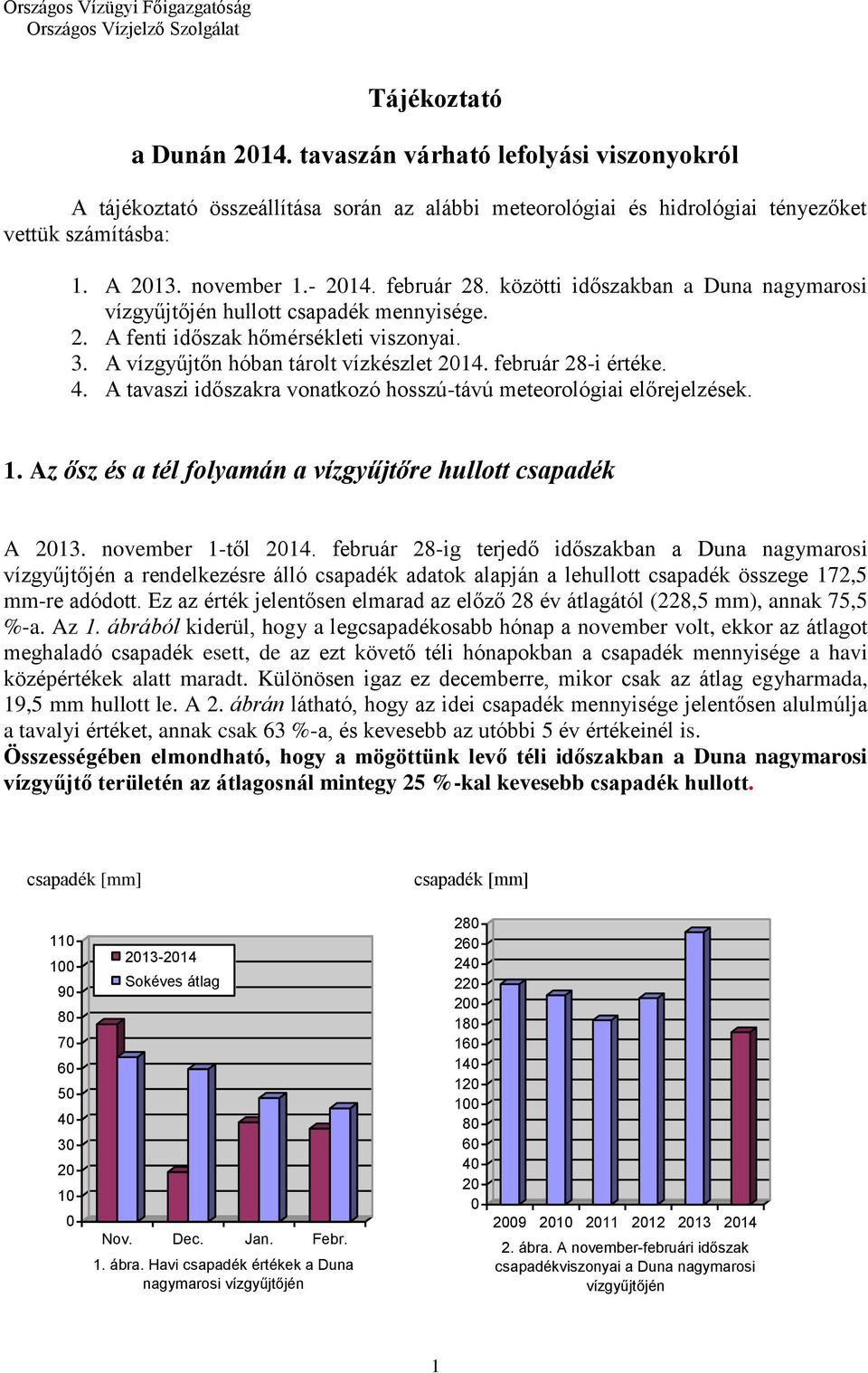 közötti időszakban a Duna nagymarosi vízgyűjtőjén hullott csapadék mennyisége. 2. A fenti időszak hőmérsékleti viszonyai. 3. A vízgyűjtőn hóban tárolt vízkészlet 214. február 28-i értéke. 4.