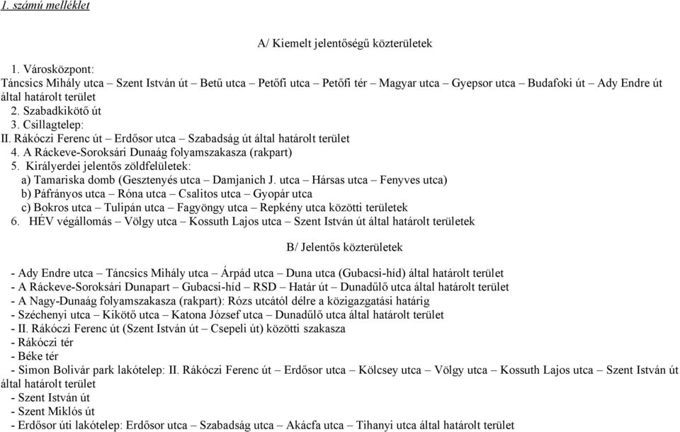 Rákóczi Ferenc út Erdősor utca Szabadság út által határolt terület 4. A Ráckeve-Soroksári Dunaág folyamszakasza (rakpart) 5.