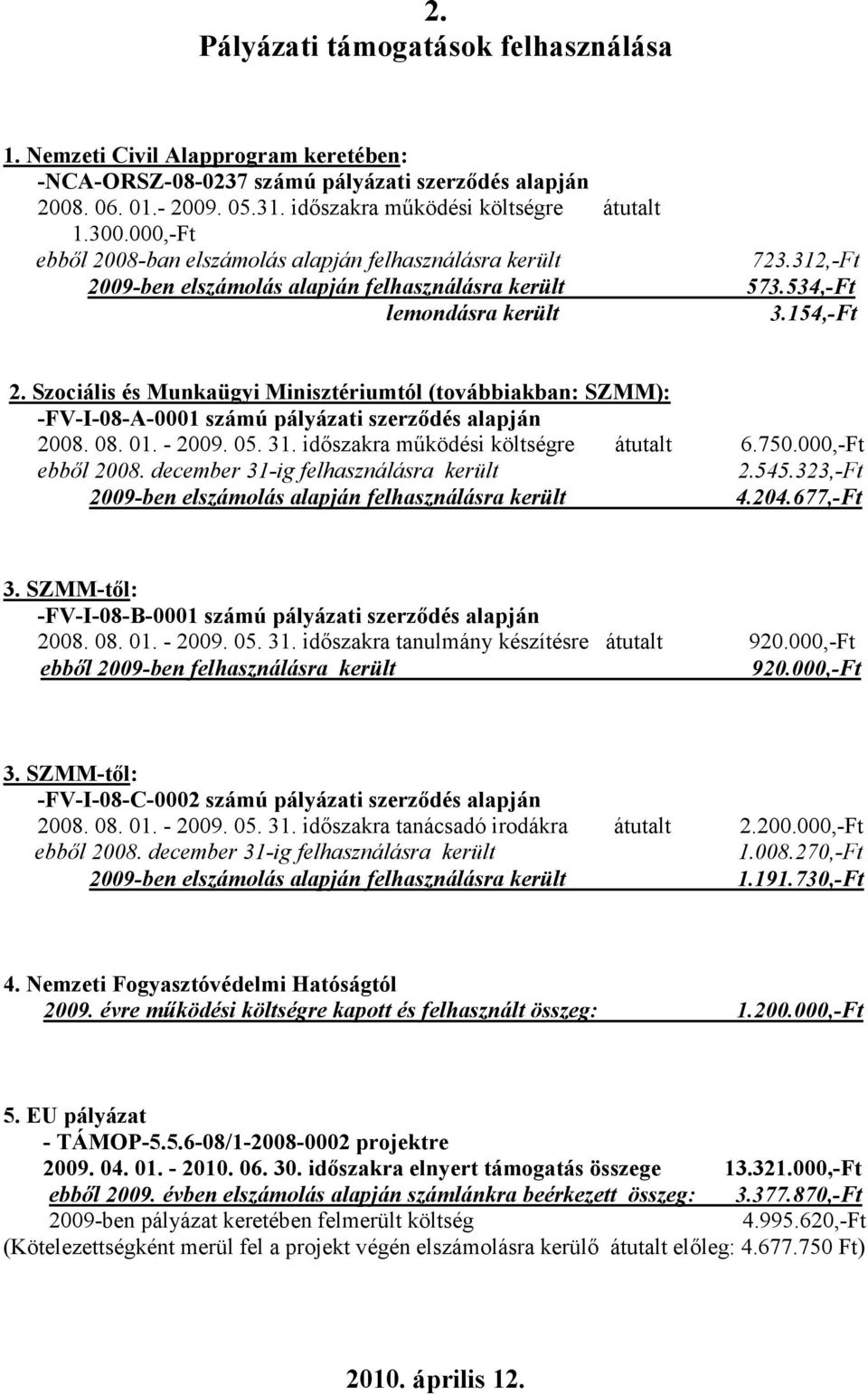 Szociális és Munkaügyi Minisztériumtól (továbbiakban: SZMM): -FV-I-08-A-0001 számú pályázati szerzıdés alapján 2008. 08. 01. - 2009. 05. 31. idıszakra mőködési költségre átutalt 6.750.