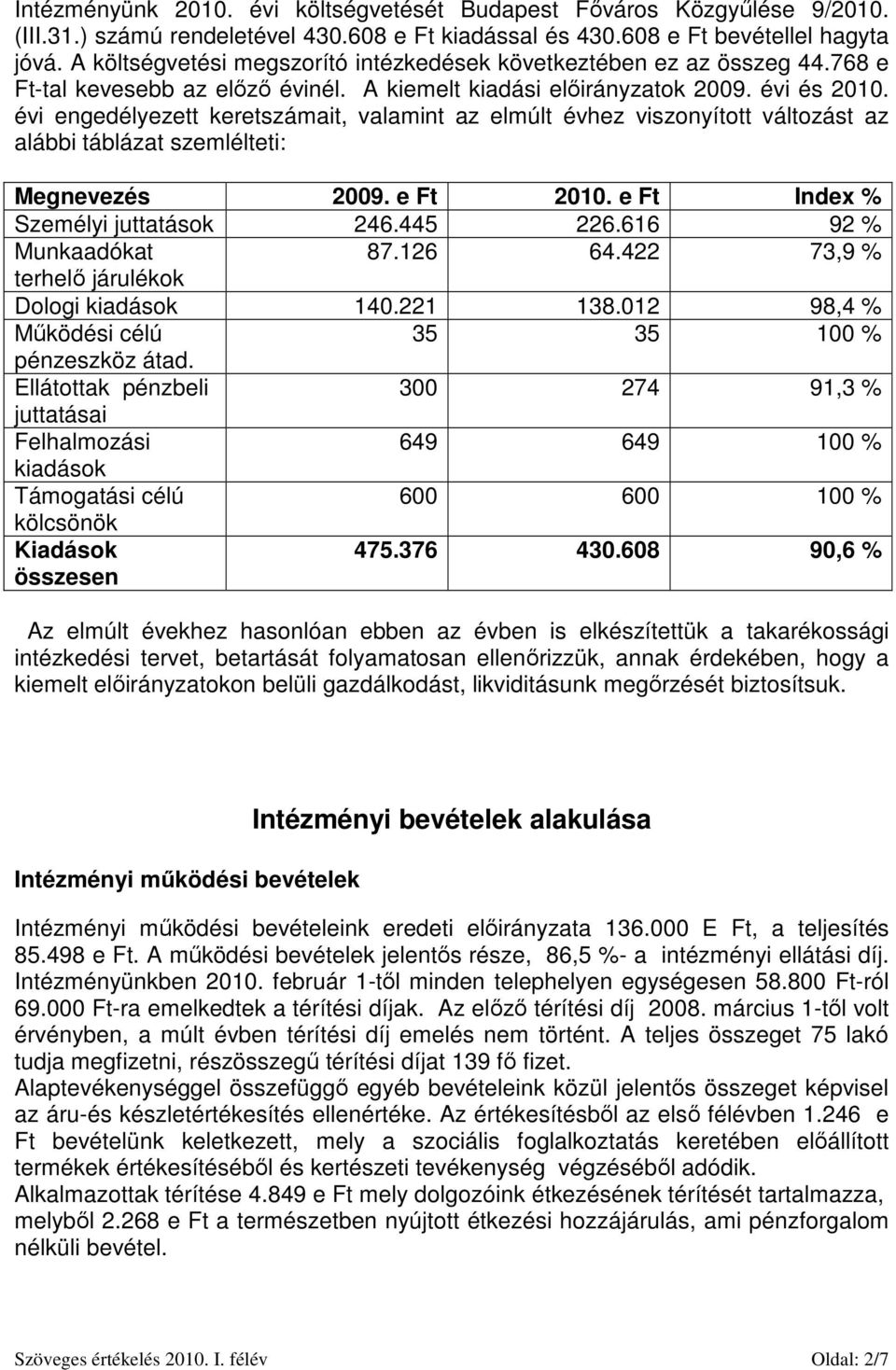 évi engedélyezett keretszámait, valamint az elmúlt évhez viszonyított változást az alábbi táblázat szemlélteti: Megnevezés 2009. e Ft 2010. e Ft Index % Személyi juttatások 246.445 226.