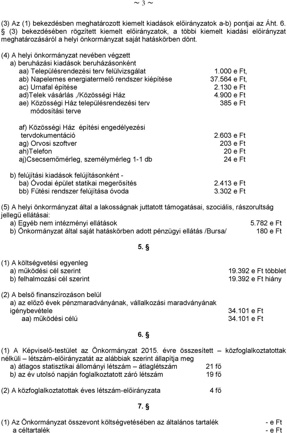 felülvizsgálat ab) Napelemes energiatermelő rendszer kiépítése ac) Urnafal építése ad)telek vásárlás,/közösségi Ház ae) Közösségi Ház településrendezési terv módosítási terve af) Közösségi Ház