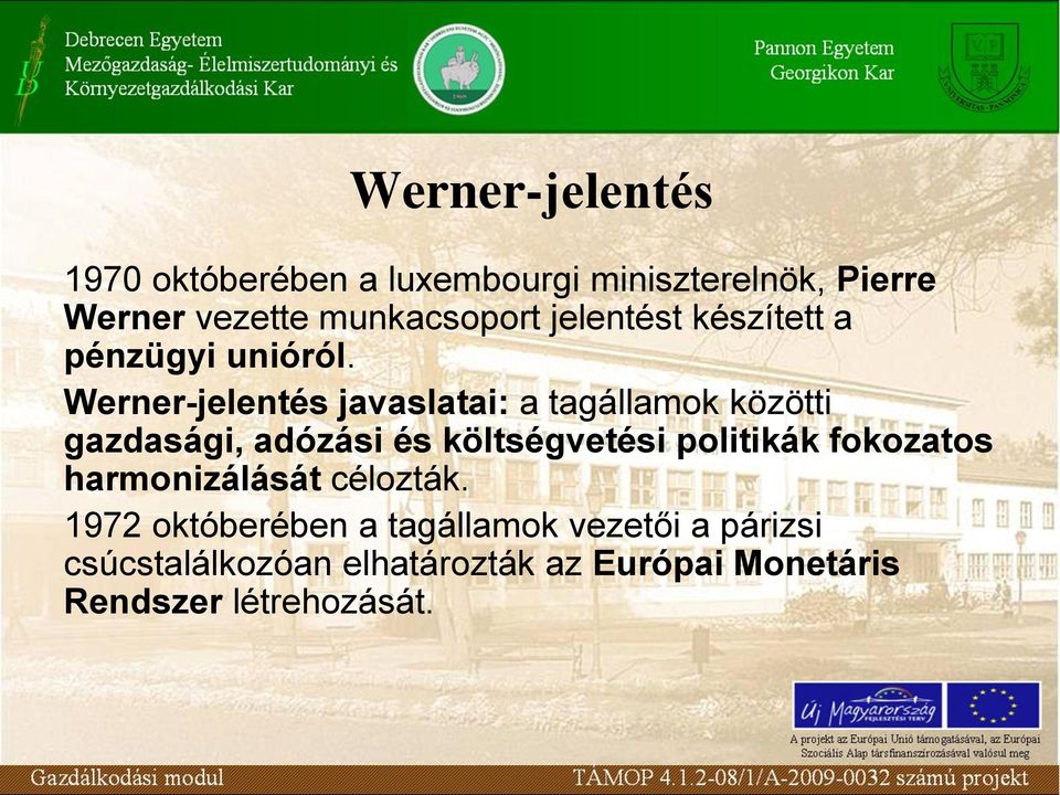 Werner-jelentés javaslatai: a tagállamok közötti gazdasági, adózási és költségvetési politikák