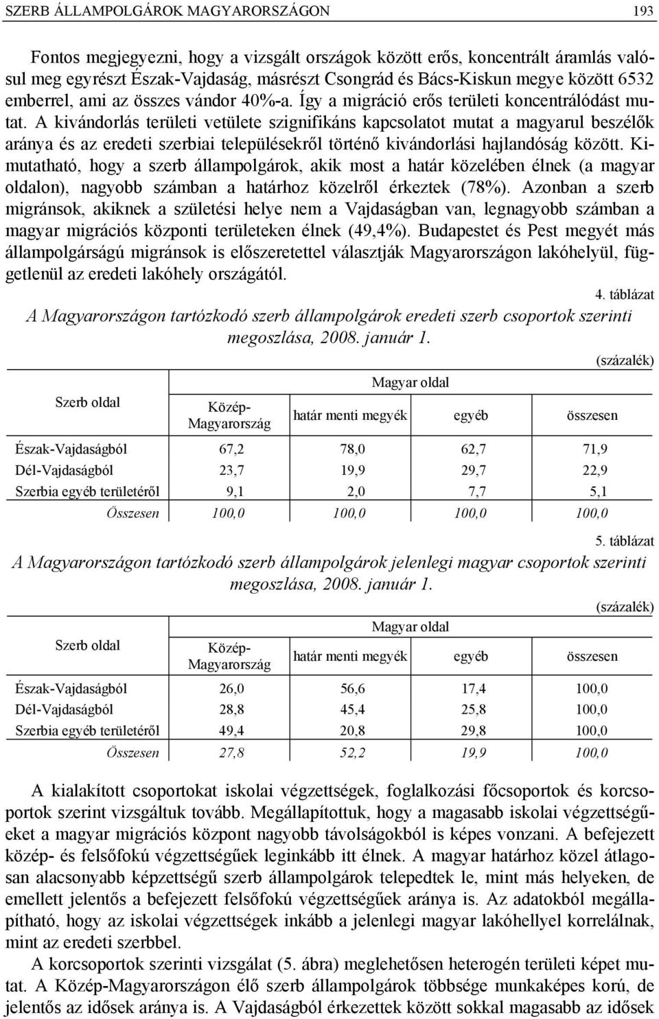 A kivándorlás területi vetülete szignifikáns kapcsolatot mutat a magyarul beszélők aránya és az eredeti szerbiai településekről történő kivándorlási hajlandóság között.