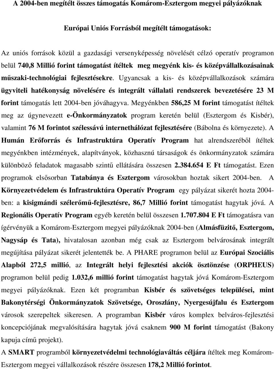 Ugyancsak a kis- és középvállalkozások számára ügyviteli hatékonyság növelésére és integrált vállalati rendszerek bevezetésére 23 M forint támogatás lett 2004-ben jóváhagyva.