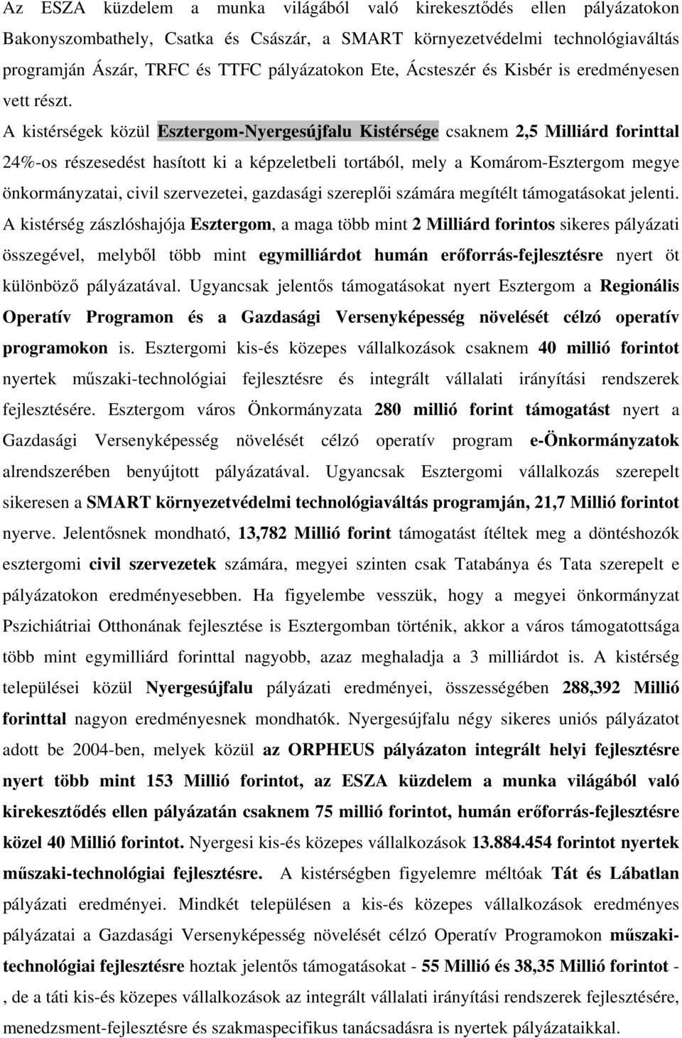 A kistérségek közül Esztergom-Nyergesújfalu Kistérsége csaknem 2,5 Milliárd forinttal 24%-os részesedést hasított ki a képzeletbeli tortából, mely a Komárom-Esztergom megye önkormányzatai, civil