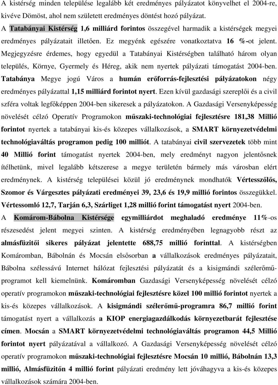 Megjegyzésre érdemes, hogy egyedül a Tatabányai Kistérségben található három olyan település, Környe, Gyermely és Héreg, akik nem nyertek pályázati támogatást 2004-ben.