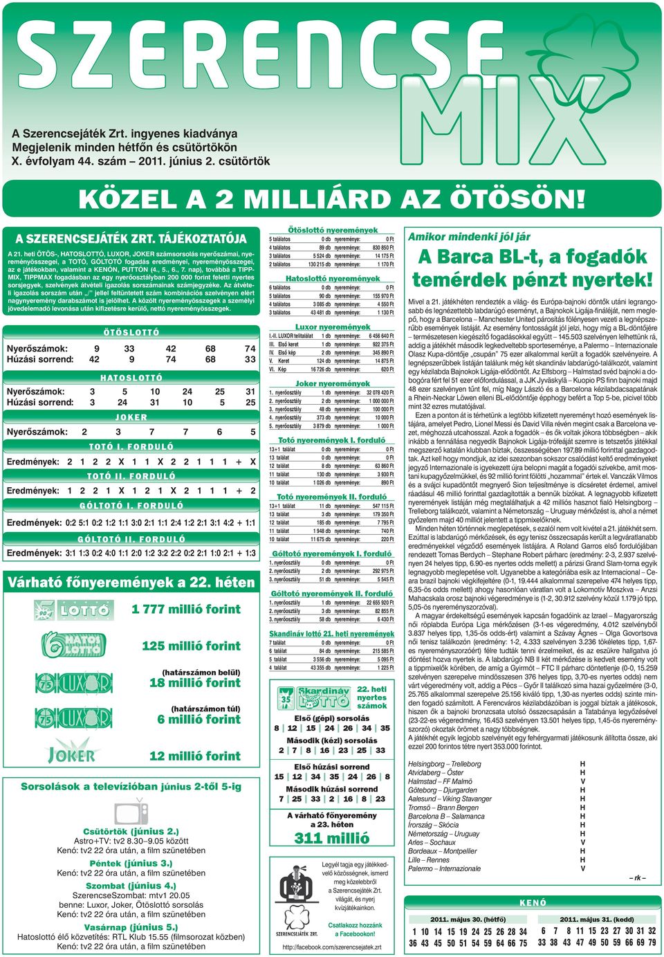 heti ÖTÖS-, ATOSLOTTÓ, LUXOR, JOKER számsorsolás nyerőszámai, nyereményösszegei, a TOTÓ, GÓLTOTÓ fogadás eredményei, nyereményösszegei, az e játékokban, valamint a KENÓN, PUTTÓN (4., 5., 6., 7.