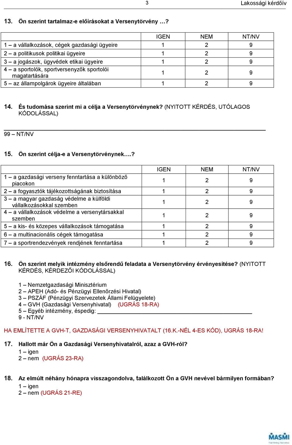 általában 14. És tudomása szerint mi a célja a Versenytörvénynek? (NYITOTT KÉRDÉS, UTÓLAGOS 15. Ön szerint célja-e a Versenytörvénynek.